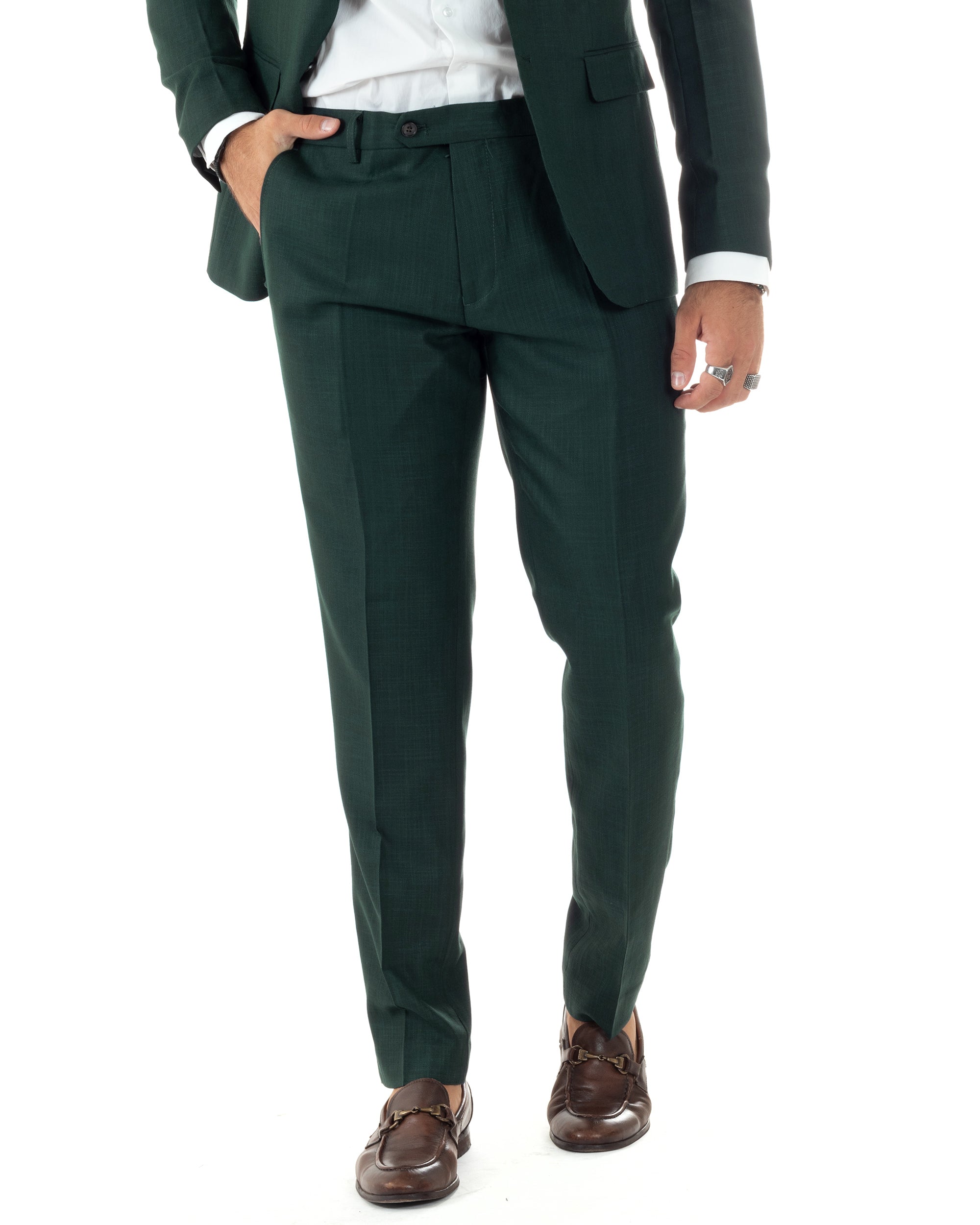 Abito Uomo Monopetto Vestito Viscosa Completo Giacca Pantaloni Verde Scuro Melangiato AE1091A