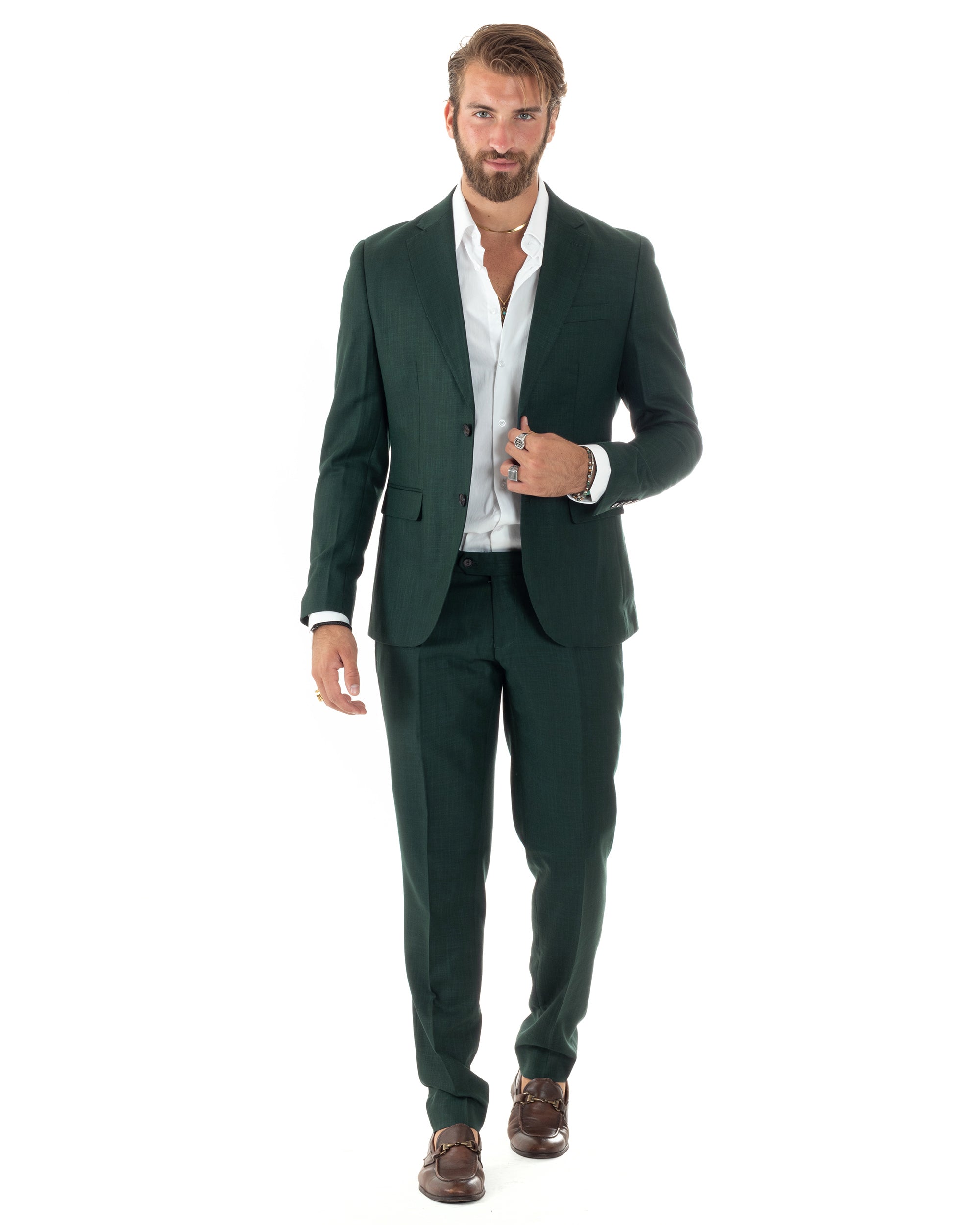 Abito Uomo Monopetto Vestito Viscosa Completo Giacca Pantaloni Verde Scuro Melangiato AE1091A