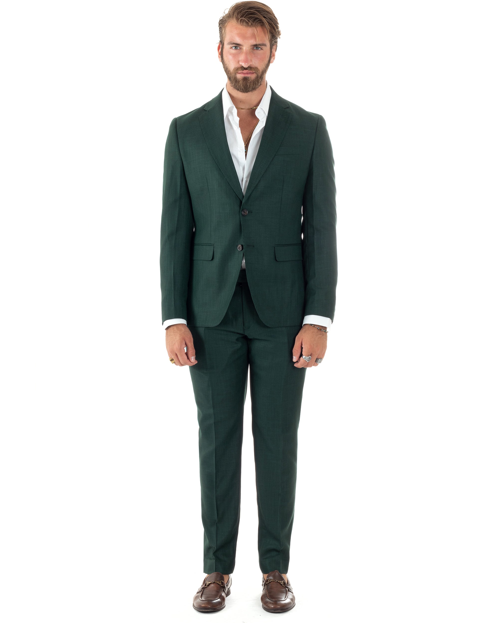 Abito Uomo Monopetto Vestito Viscosa Completo Giacca Pantaloni Verde Scuro Melangiato AE1091A