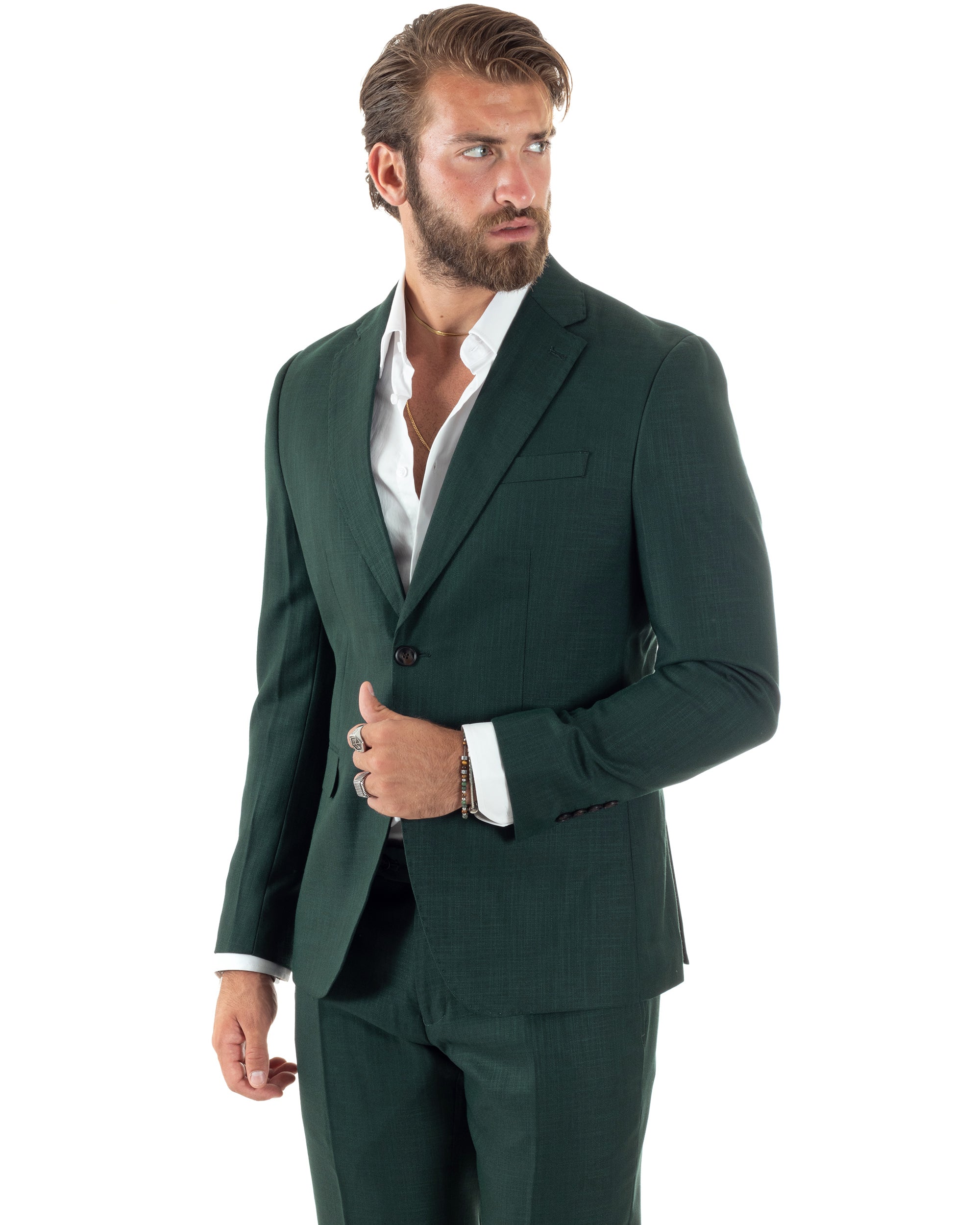 Abito Uomo Monopetto Vestito Viscosa Completo Giacca Pantaloni Verde Scuro Melangiato AE1091A