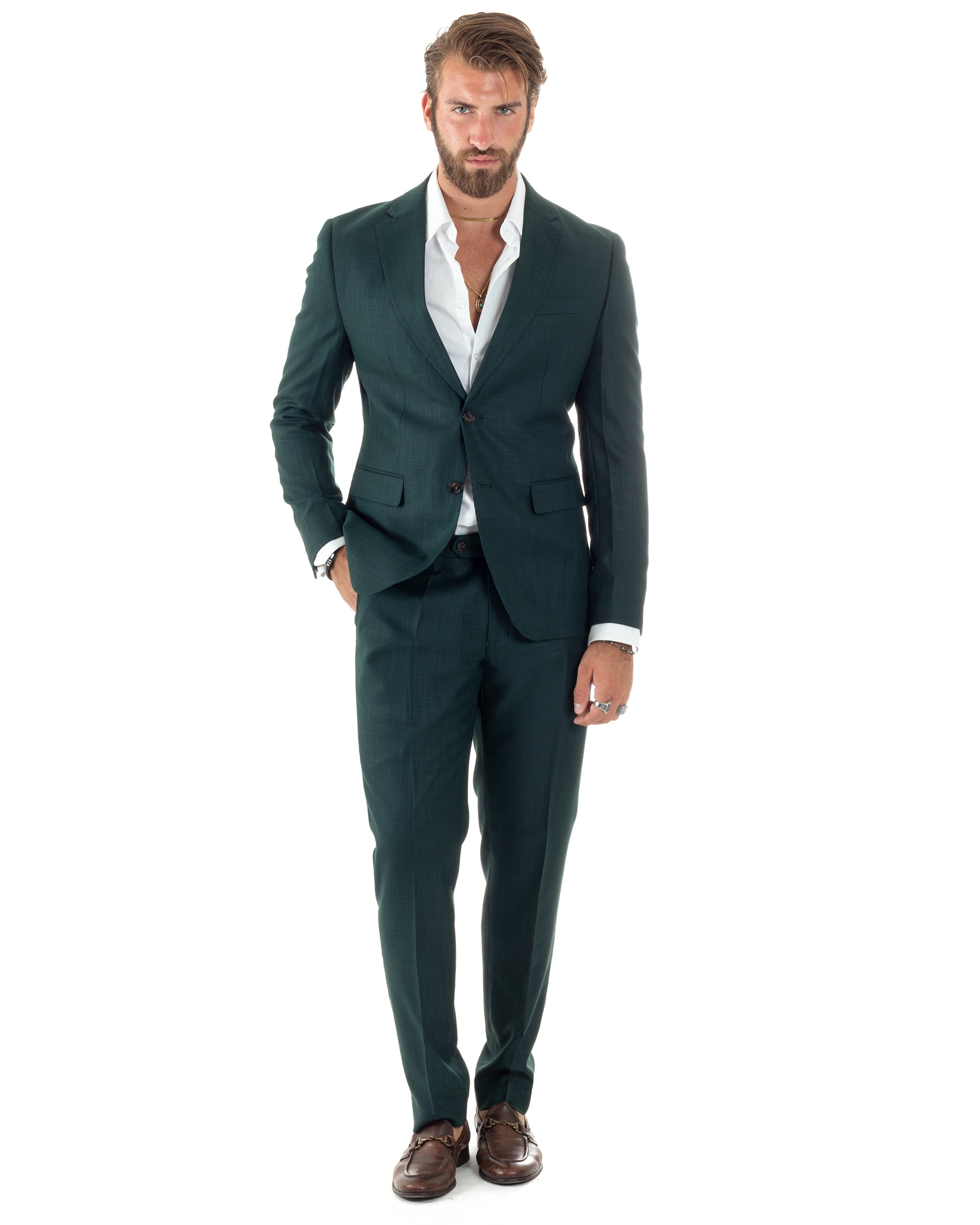 Abito Uomo Monopetto Vestito Completo Giacca Pantaloni Verde Melangiato Elegante Casual GIOSAL-AE1091A
