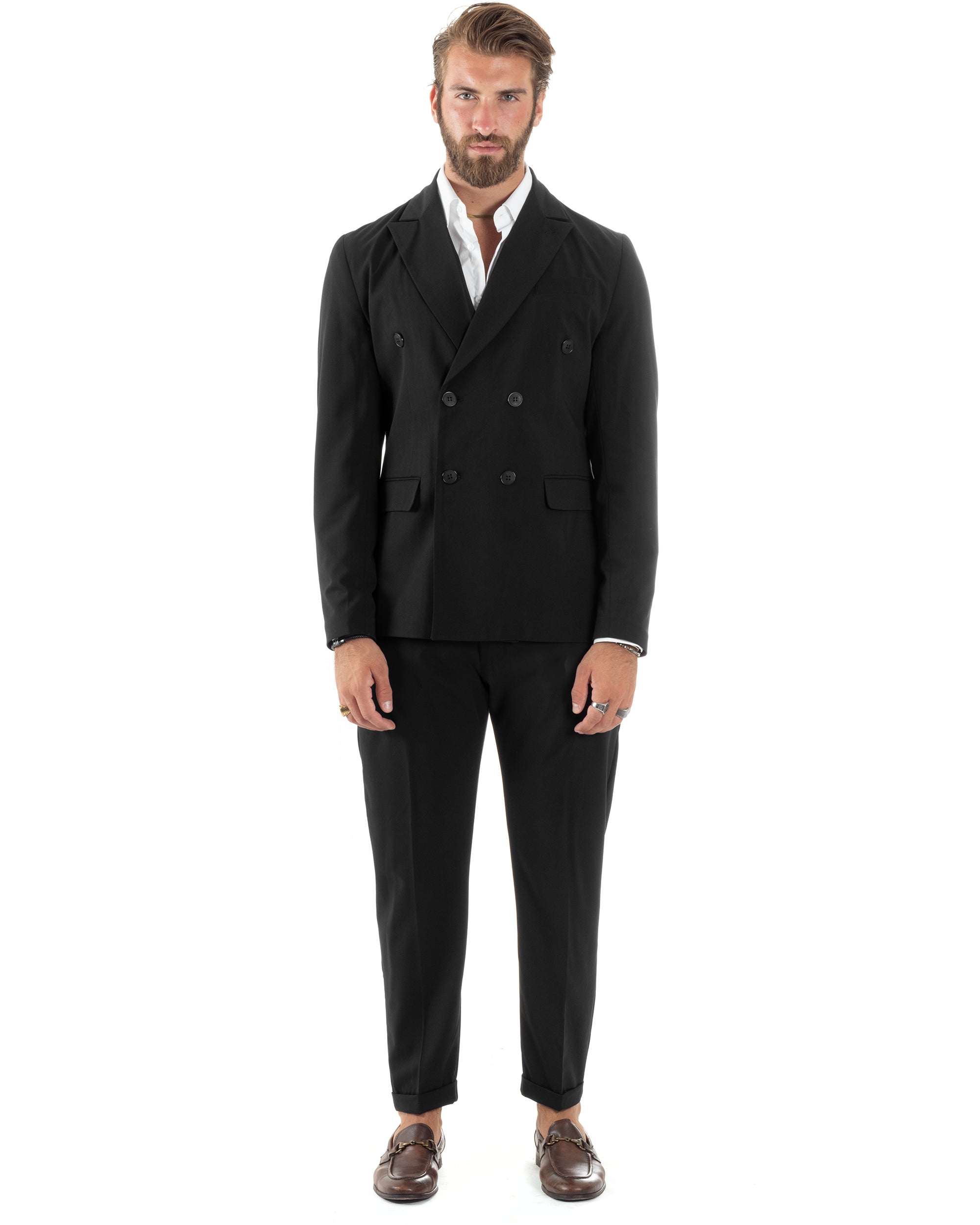 Abito Uomo Doppiopetto Vestito Sartoriale Elegante Completo Giacca Pantaloni Casual Tinta Unita Nero GIOSAL-AE1092A