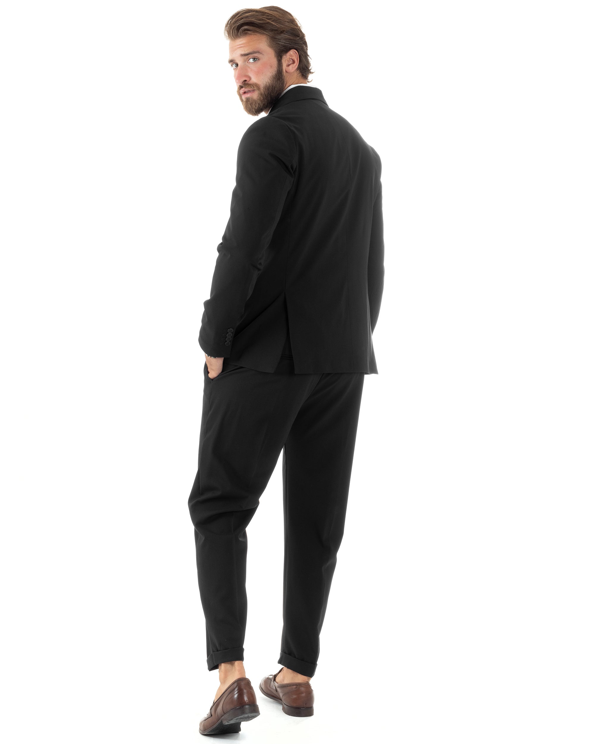 Abito Uomo Doppiopetto Vestito Sartoriale Elegante Completo Giacca Pantaloni Casual Tinta Unita Nero GIOSAL-AE1092A