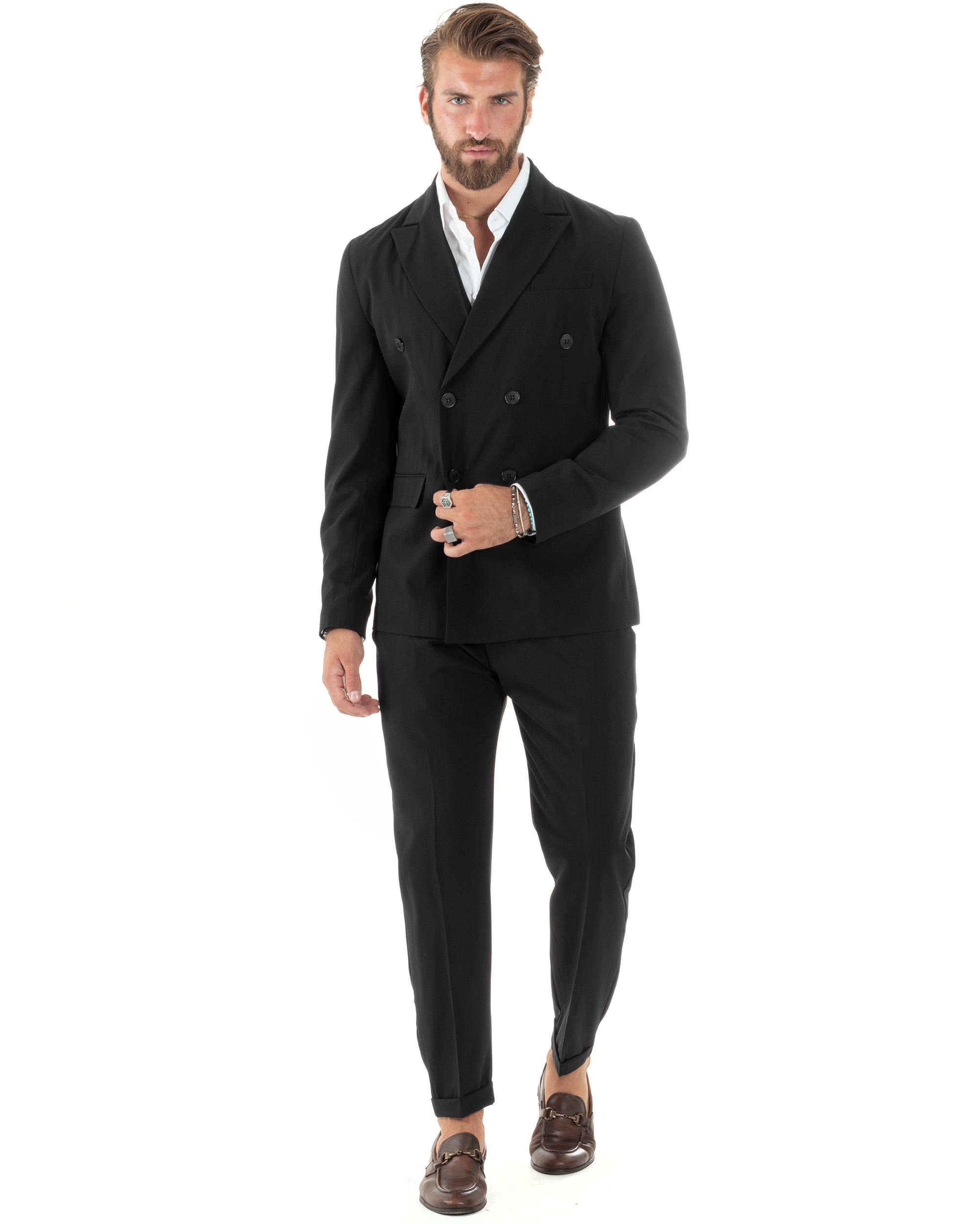 Abito Uomo Doppiopetto Vestito Sartoriale Elegante Completo Giacca Pantaloni Casual Tinta Unita Nero GIOSAL-AE1092A