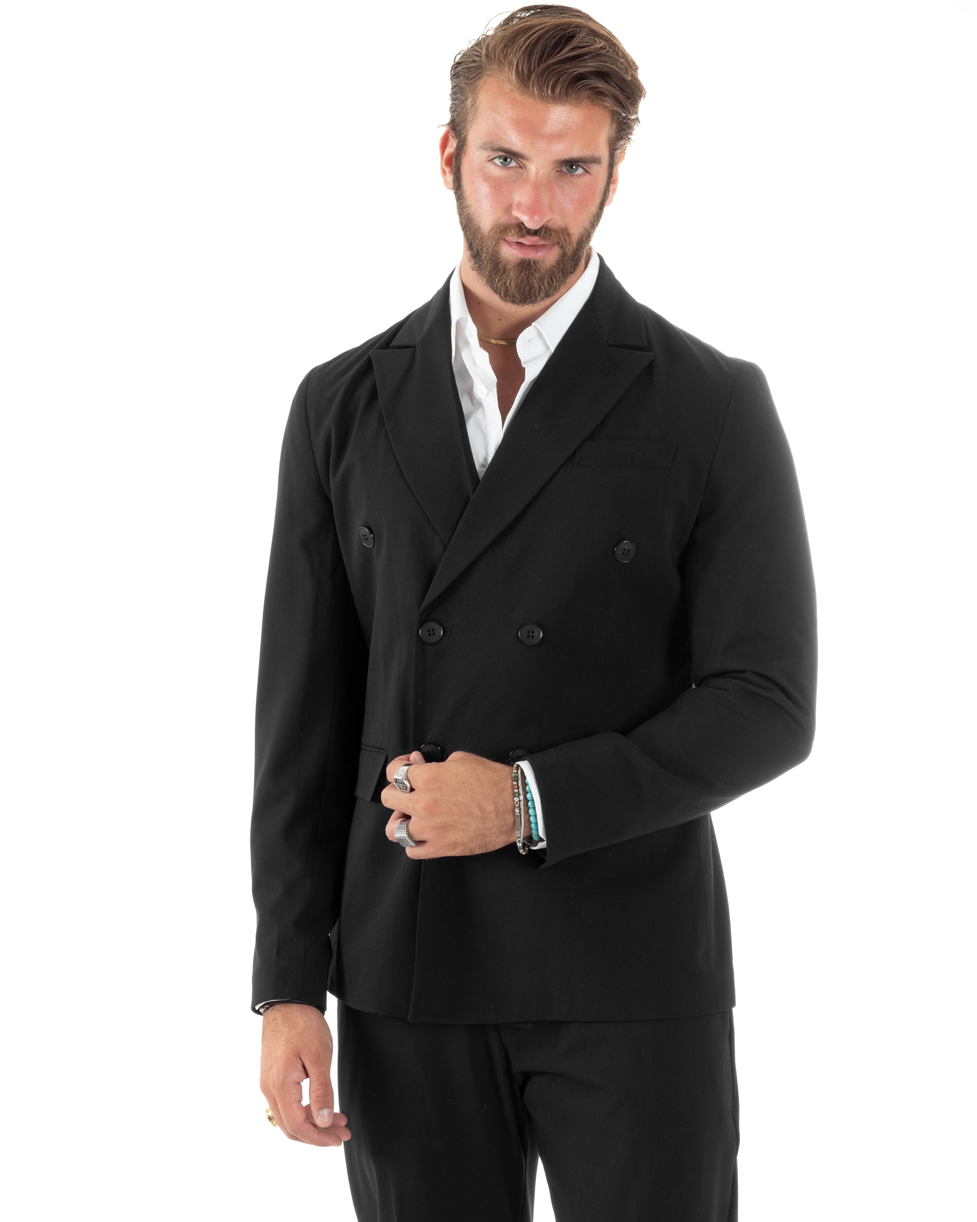 Abito Uomo Doppiopetto Vestito Sartoriale Elegante Completo Giacca Pantaloni Casual Tinta Unita Nero GIOSAL-AE1092A