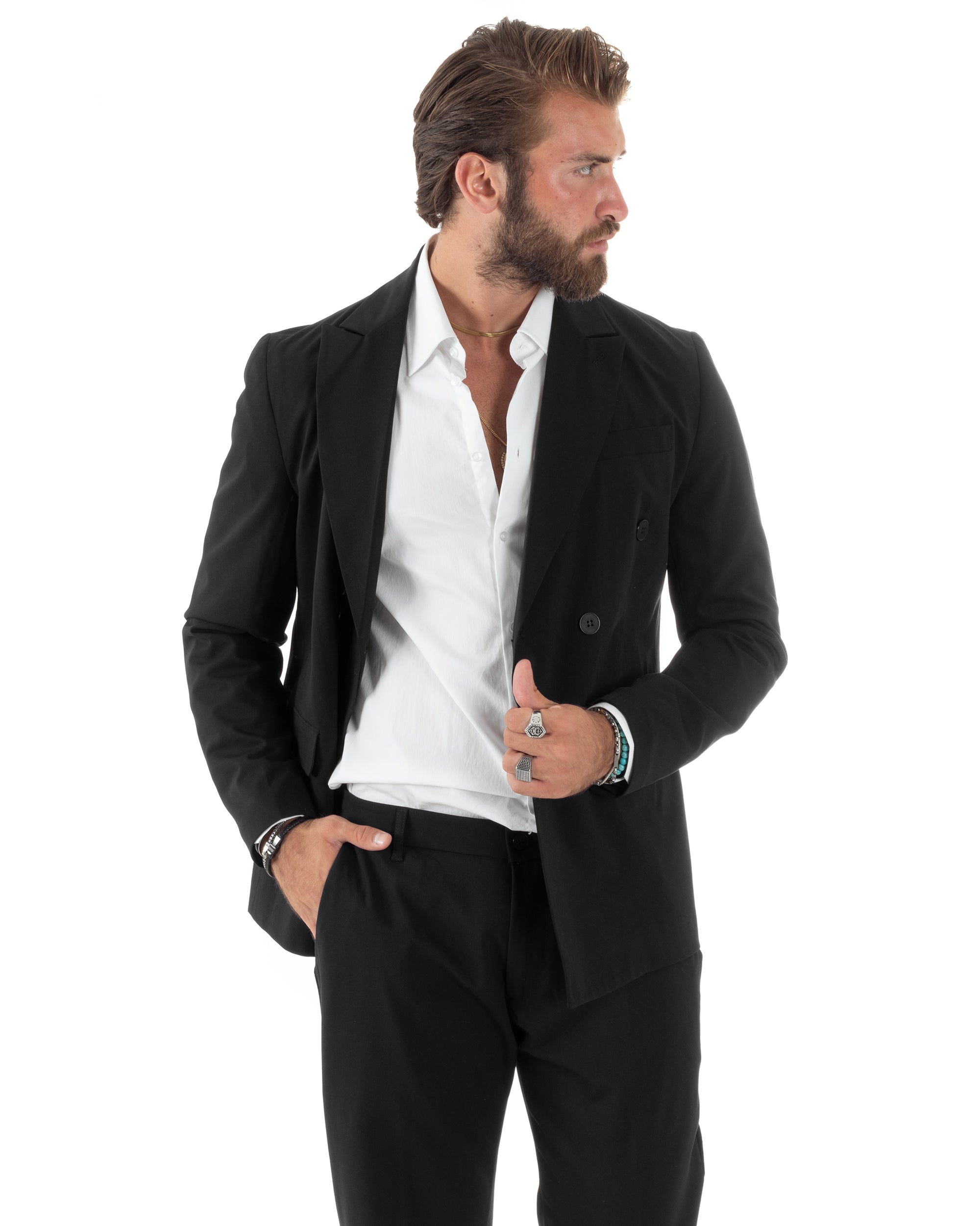 Abito Uomo Doppiopetto Vestito Sartoriale Elegante Completo Giacca Pantaloni Casual Tinta Unita Nero GIOSAL-AE1092A
