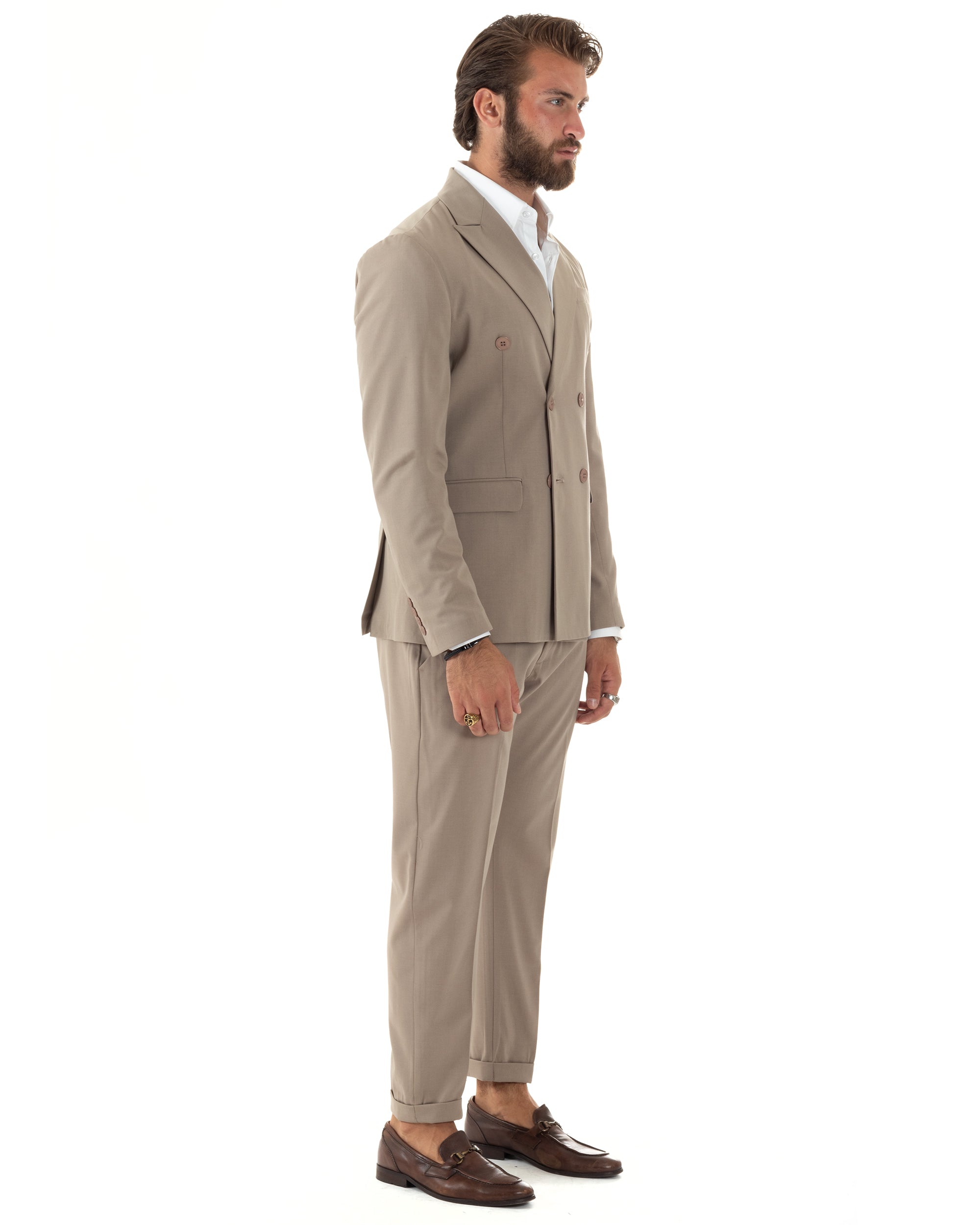 Abito Uomo Doppiopetto Vestito Sartoriale Elegante Completo Giacca Pantaloni Casual Tinta Unita Beige GIOSAL-AE1093A