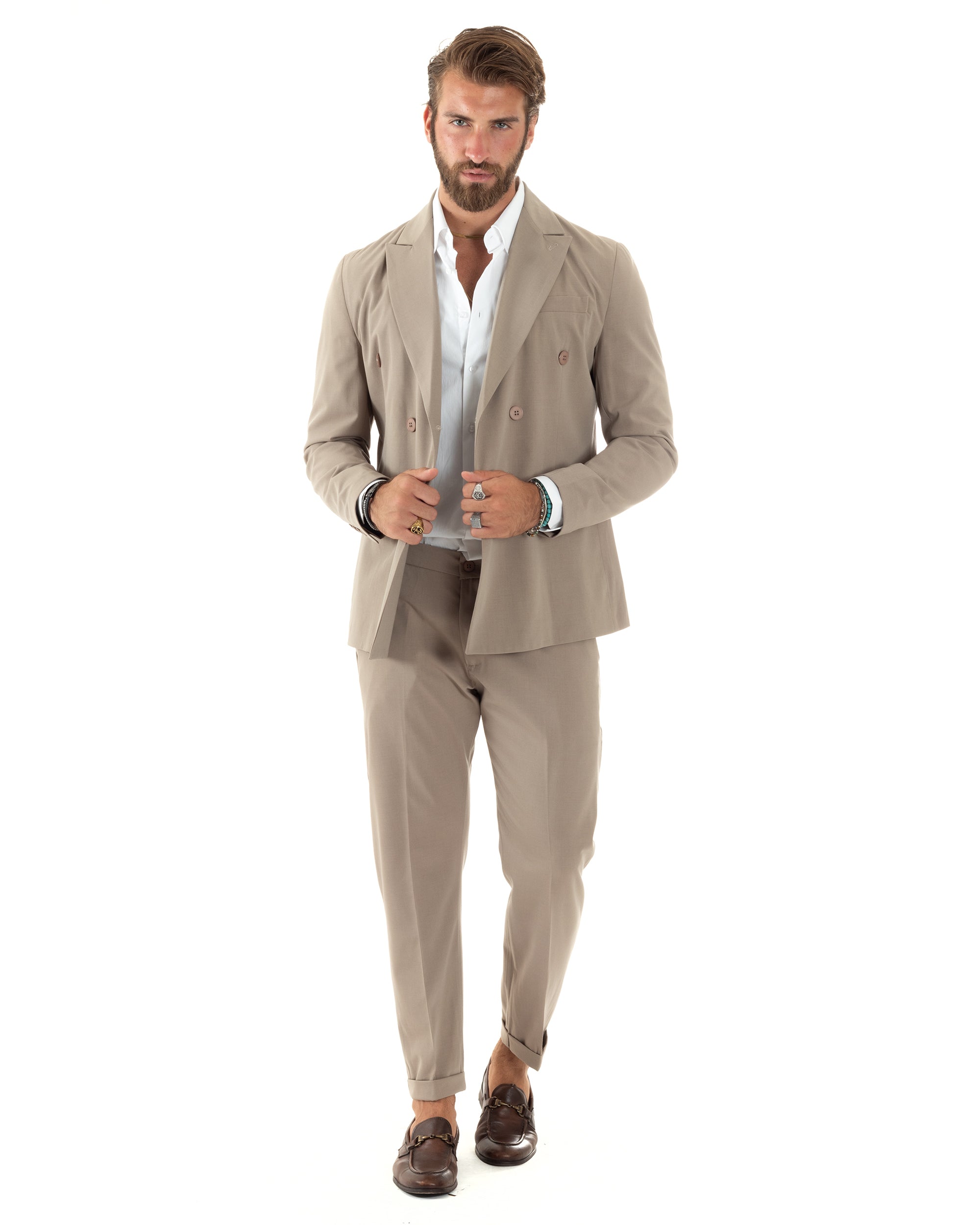 Abito Uomo Doppiopetto Vestito Sartoriale Elegante Completo Giacca Pantaloni Casual Tinta Unita Beige GIOSAL-AE1093A