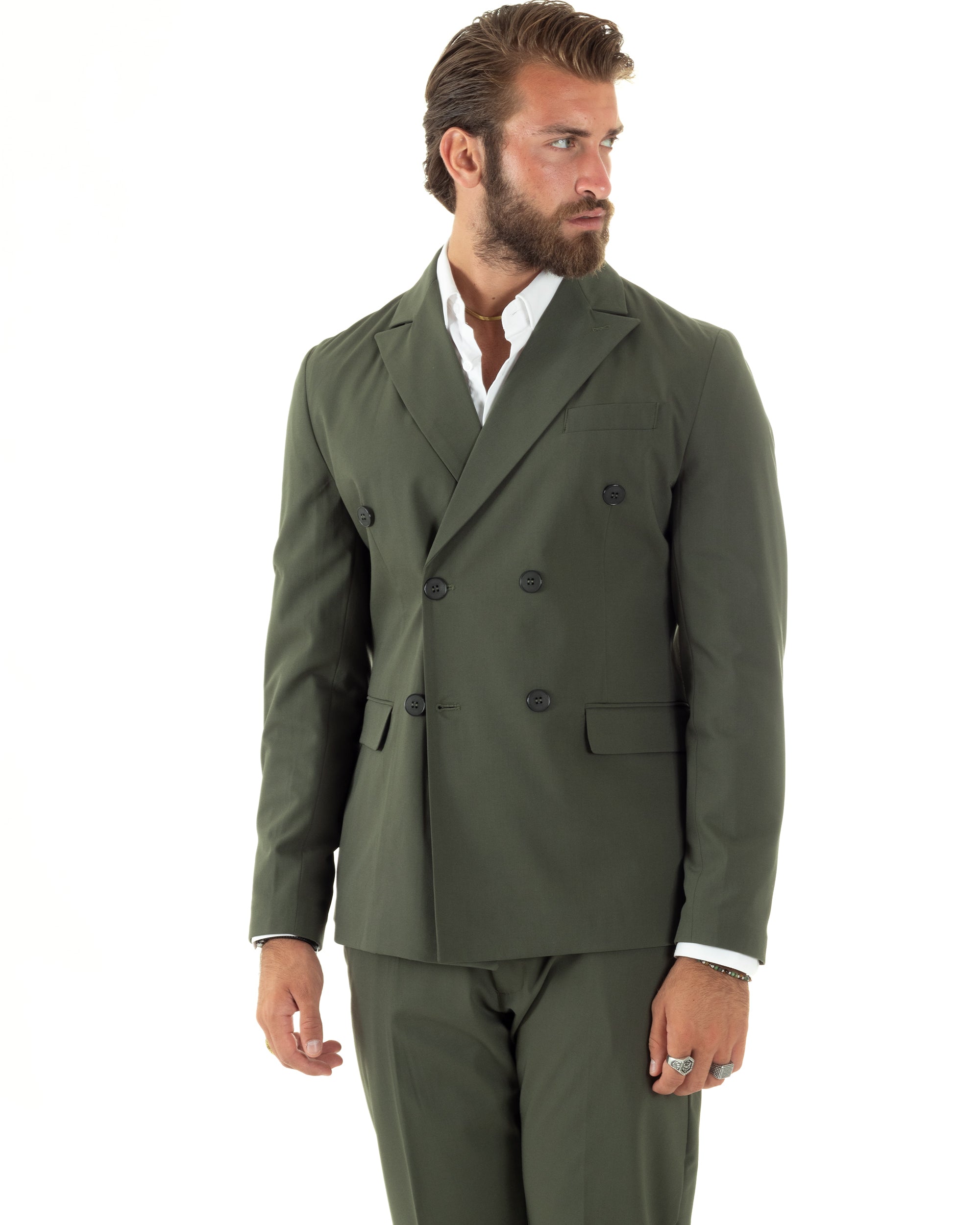 Abito Uomo Doppiopetto Vestito Sartoriale Elegante Completo Giacca Pantaloni Casual Tinta Unita Verde GIOSAL-AE1095A