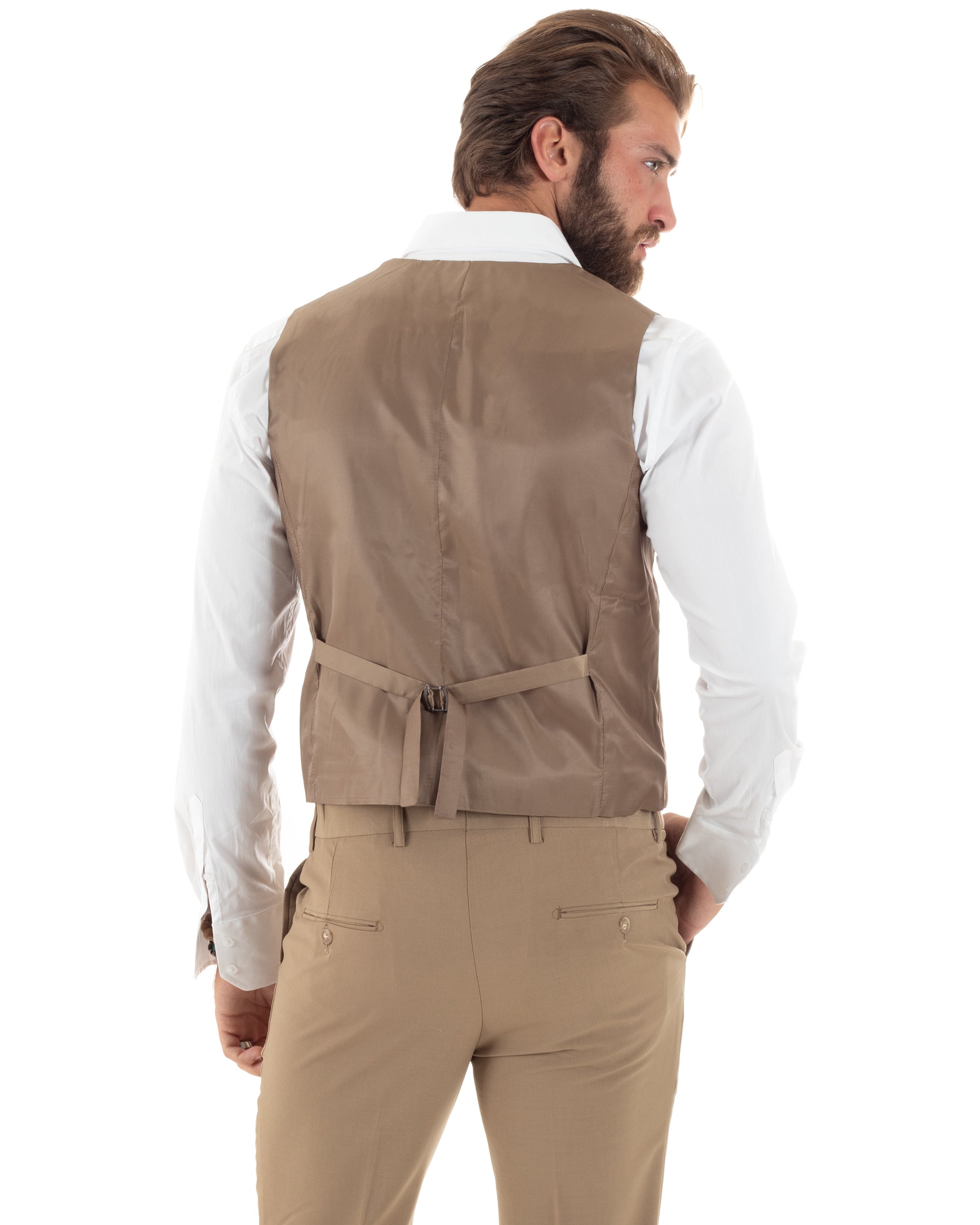 Abito Uomo Monopetto Vestito 3 Pezzi Completo Panciotto Camel AE1096A