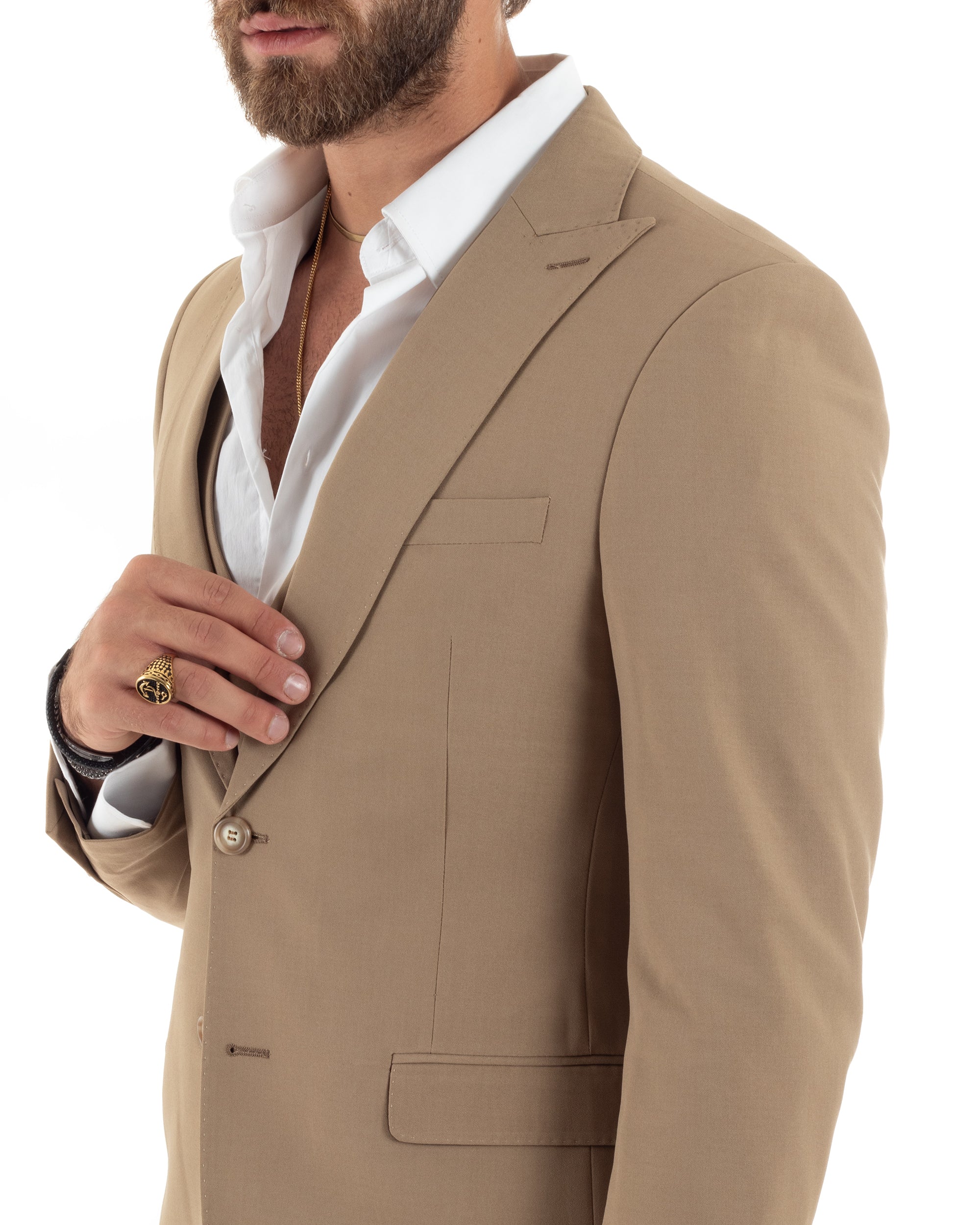 Abito Uomo Monopetto Vestito 3 Pezzi Completo Panciotto Camel AE1096A