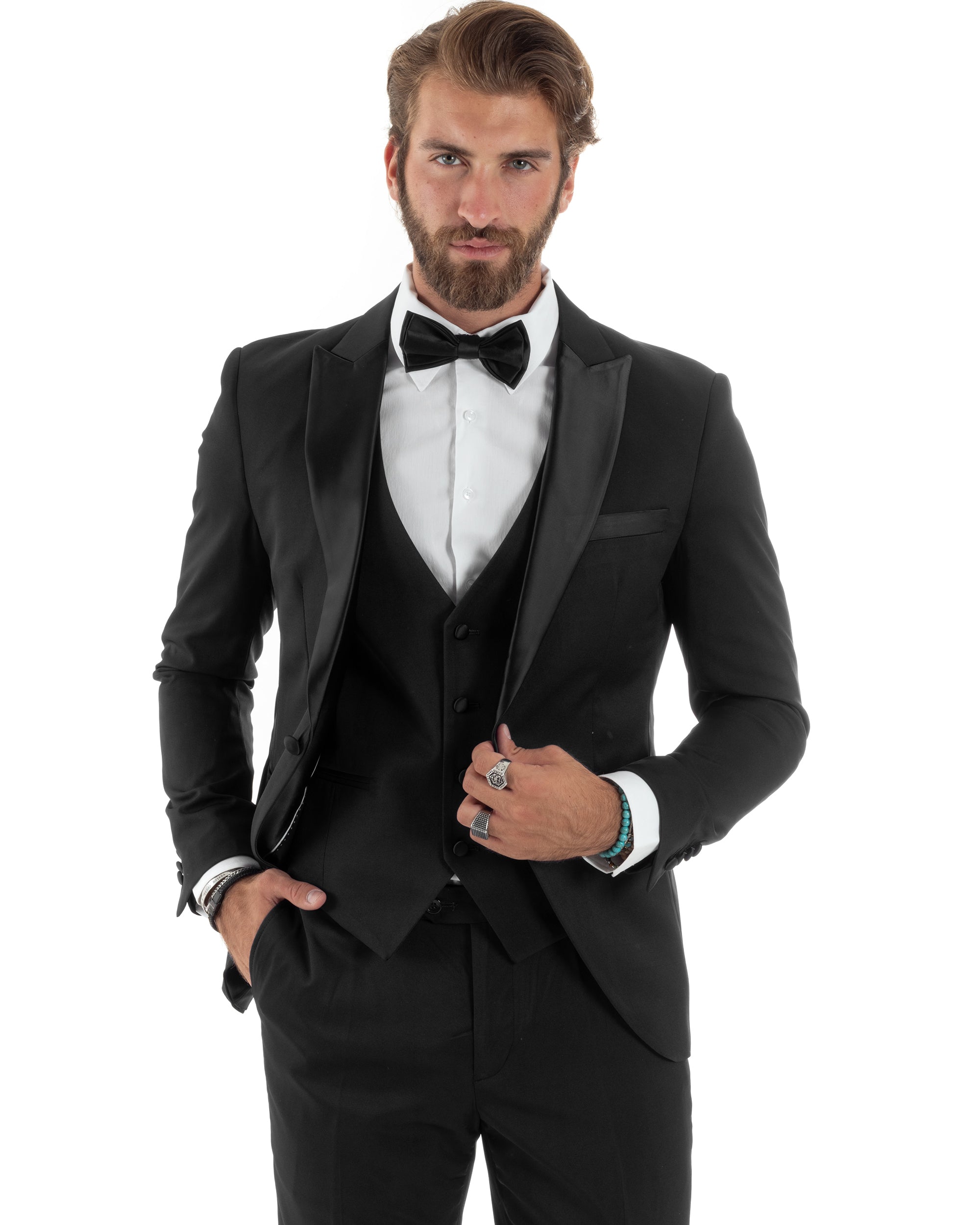 Abito Uomo Monopetto Vestito 3 Pezzi Completo Giacca Pantaloni Panciotto Smoking Raso Elegante Sartoriale Nero GIOSAL-AE1098A