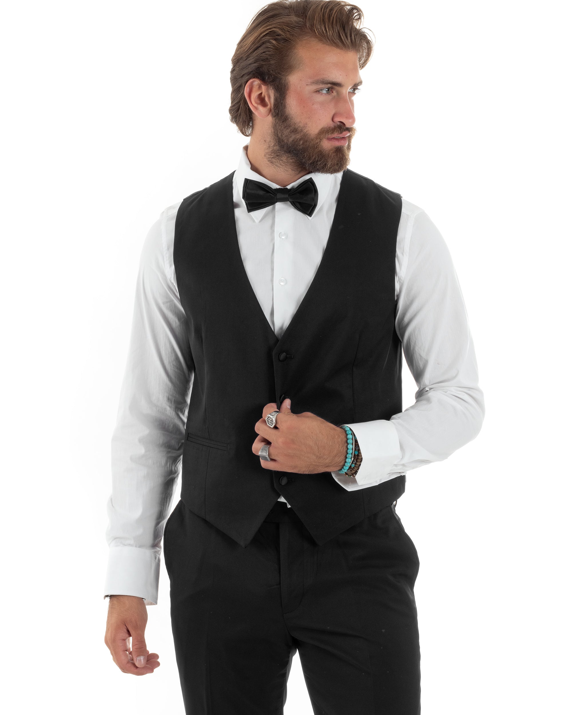 Abito Uomo Monopetto Vestito 3 Pezzi Completo Giacca Pantaloni Panciotto Smoking Raso Elegante Sartoriale Nero GIOSAL-AE1098A