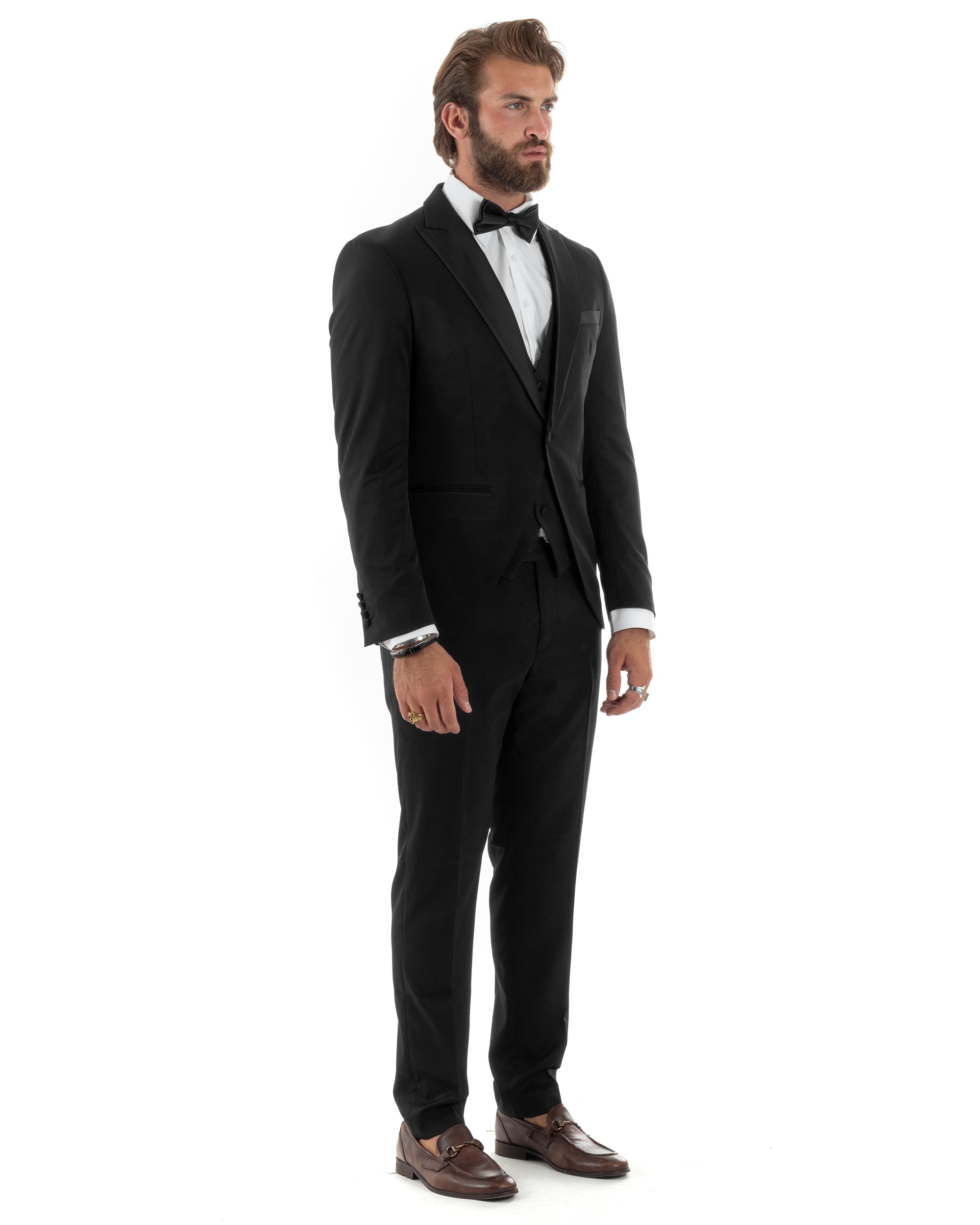 Abito Uomo Monopetto Vestito 3 Pezzi Completo Giacca Pantaloni Panciotto Smoking Raso Elegante Sartoriale Nero GIOSAL-AE1098A
