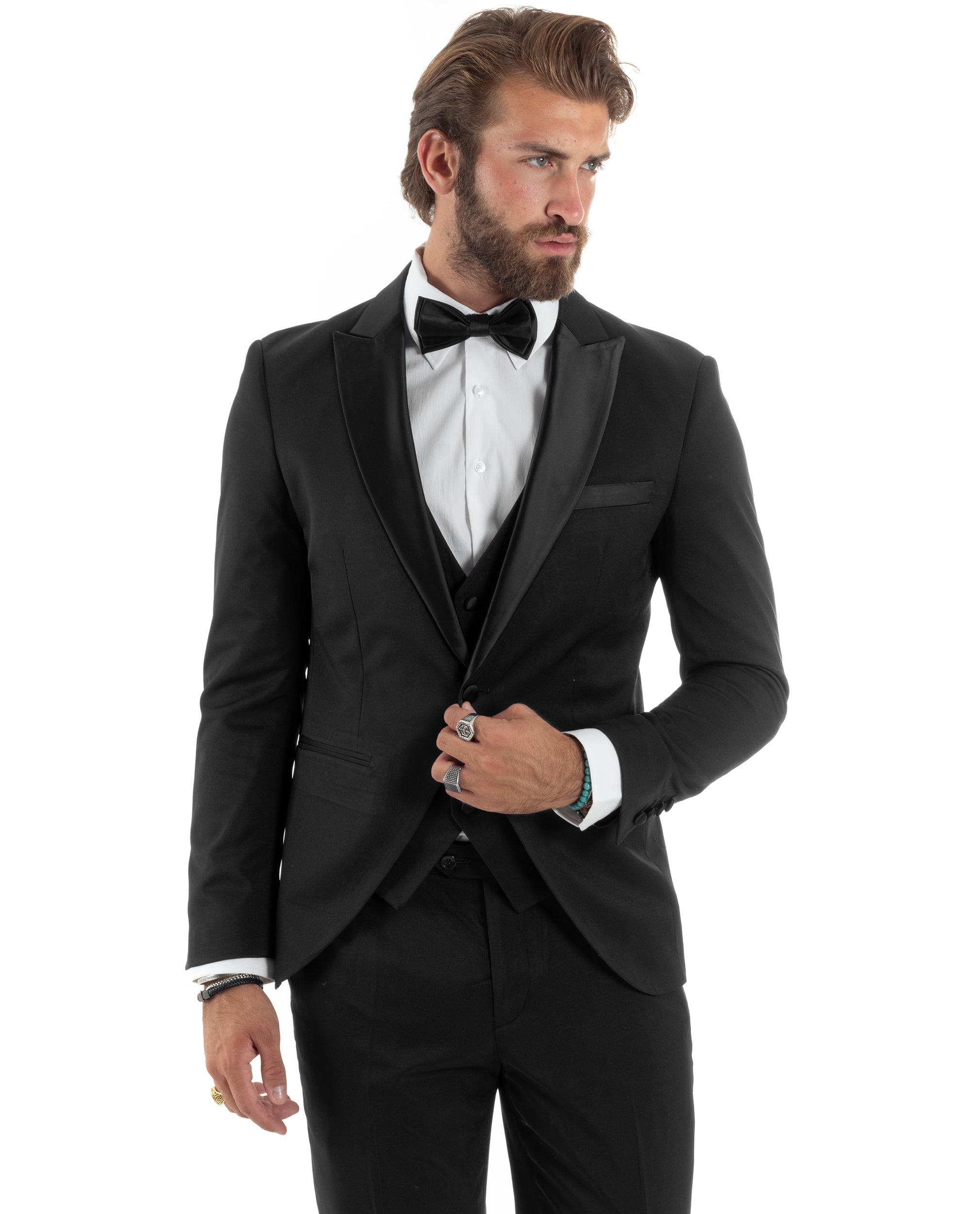 Abito Uomo Monopetto Vestito 3 Pezzi Completo Giacca Pantaloni Panciotto Smoking Raso Elegante Sartoriale Nero GIOSAL-AE1098A