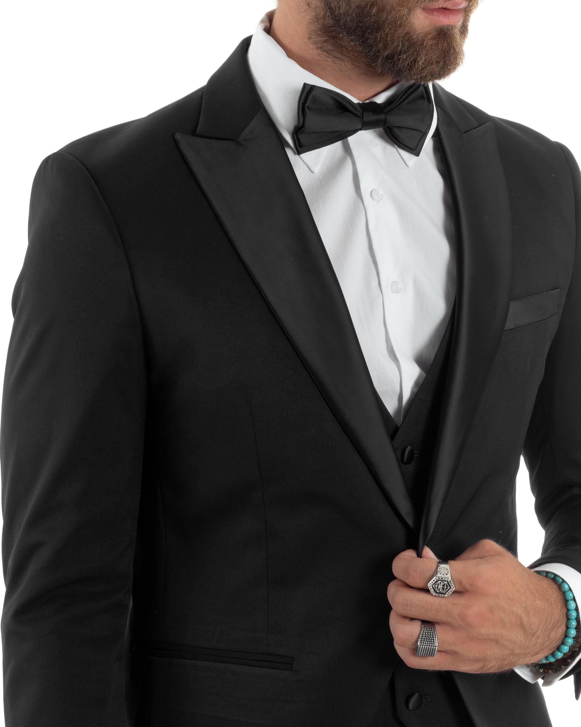 Abito Uomo Monopetto Vestito 3 Pezzi Completo Giacca Pantaloni Panciotto Smoking Raso Elegante Sartoriale Nero GIOSAL-AE1098A