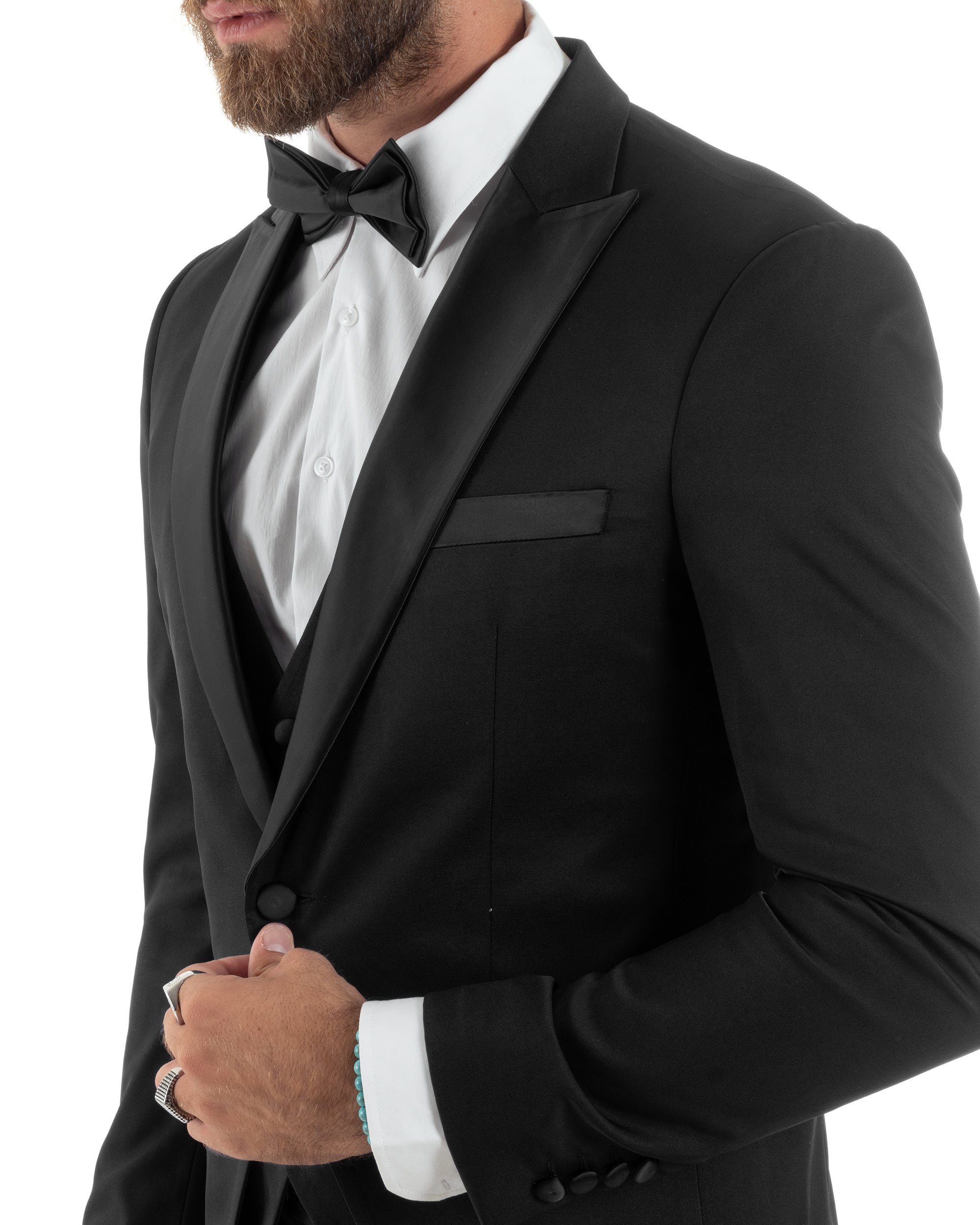 Abito Uomo Monopetto Vestito 3 Pezzi Completo Giacca Pantaloni Panciotto Smoking Raso Elegante Sartoriale Nero GIOSAL-AE1098A