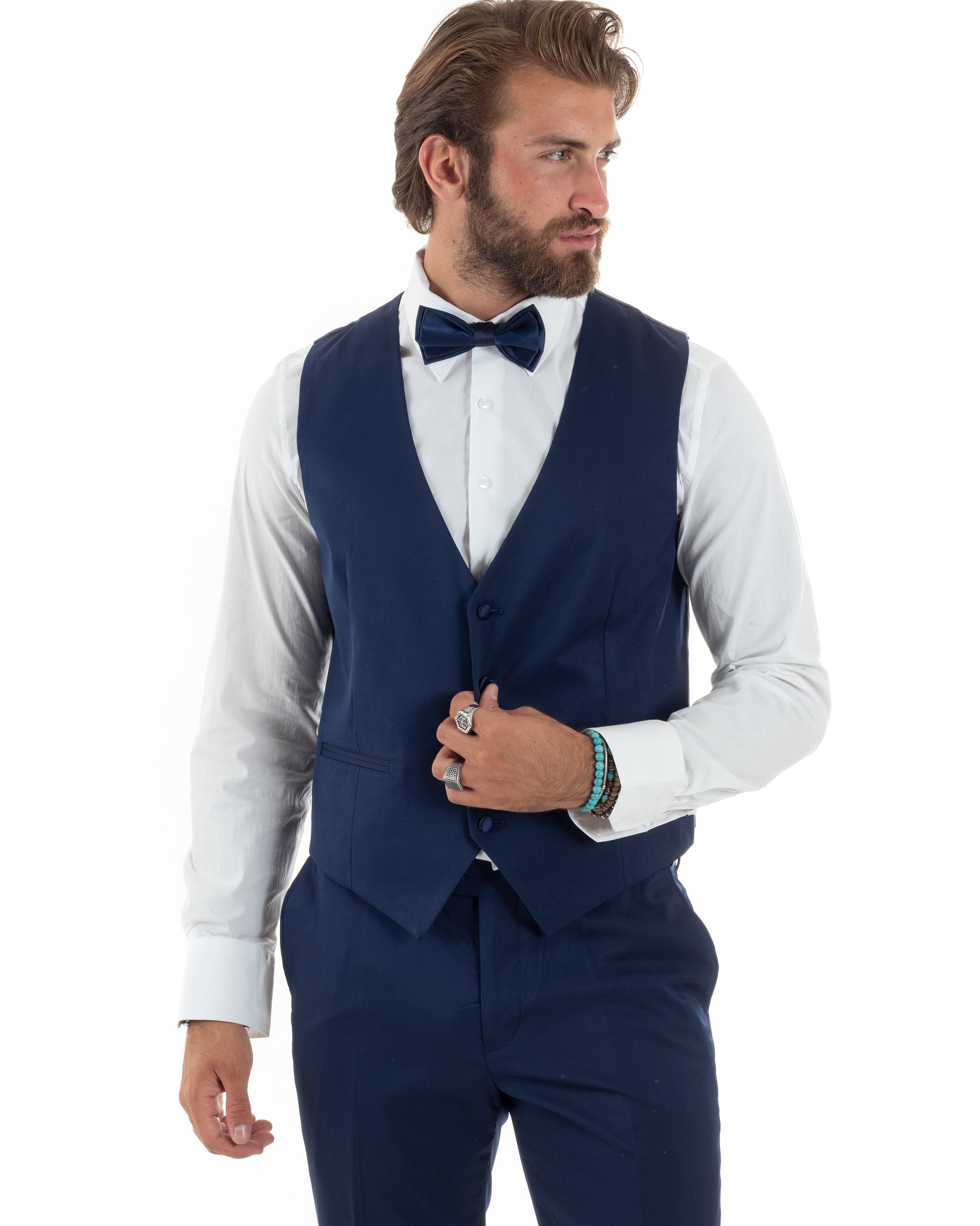 Abito Uomo Monopetto Vestito 3 Pezzi Completo Panciotto Smoking Raso Blu AE1099A