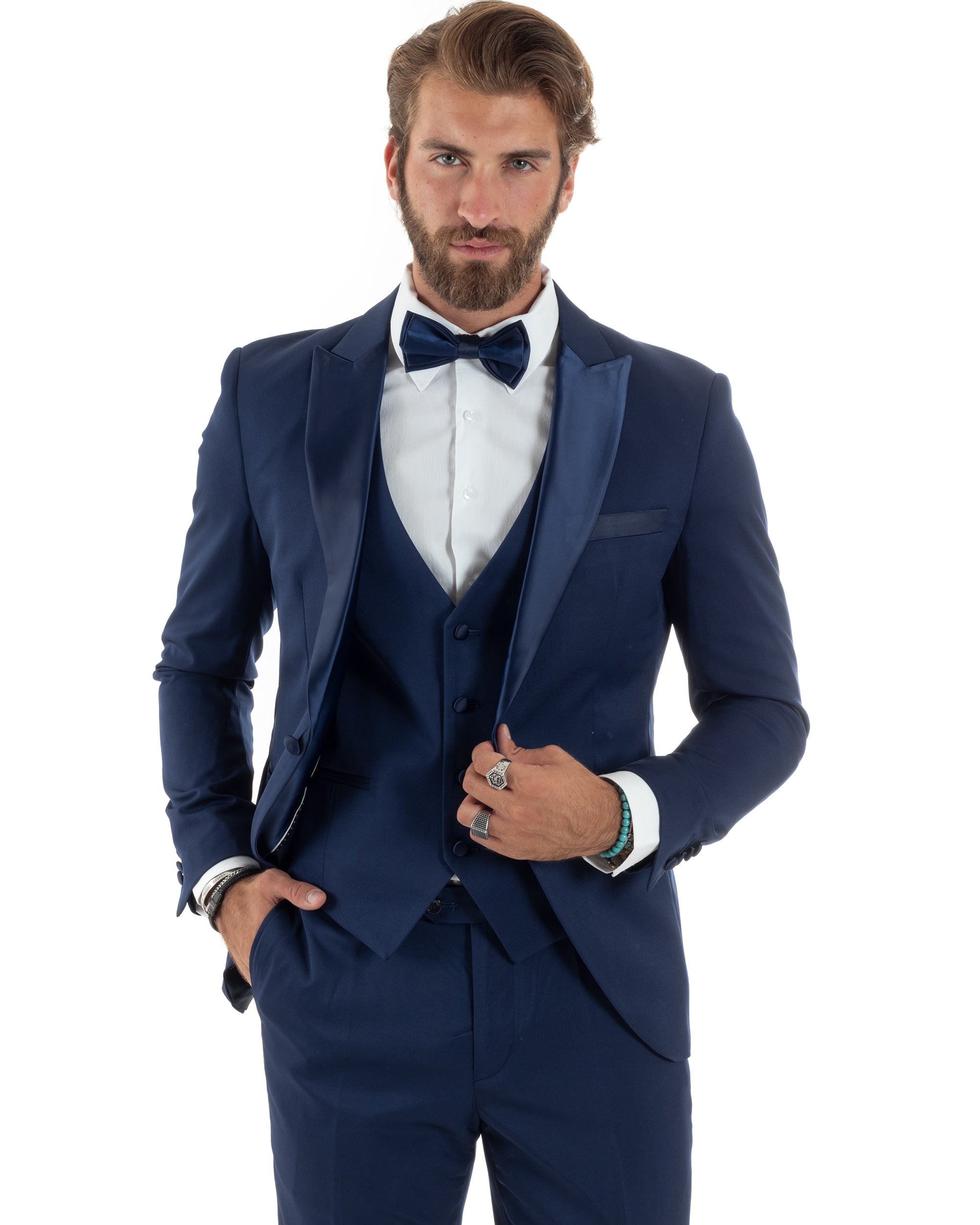 Abito Uomo Monopetto Vestito 3 Pezzi Completo Panciotto Smoking Raso Blu AE1099A