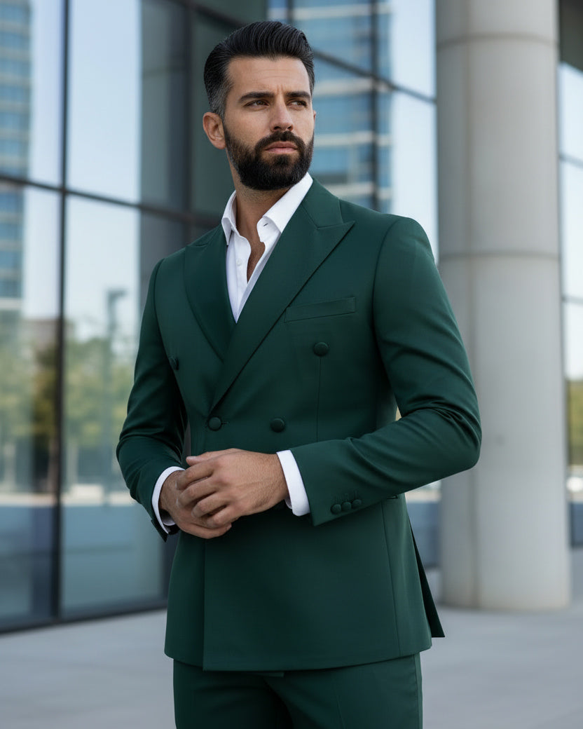 Abito Uomo Doppiopetto Vestito Completo Giacca Rever In Raso Pantaloni Smoking Verde AE1100A