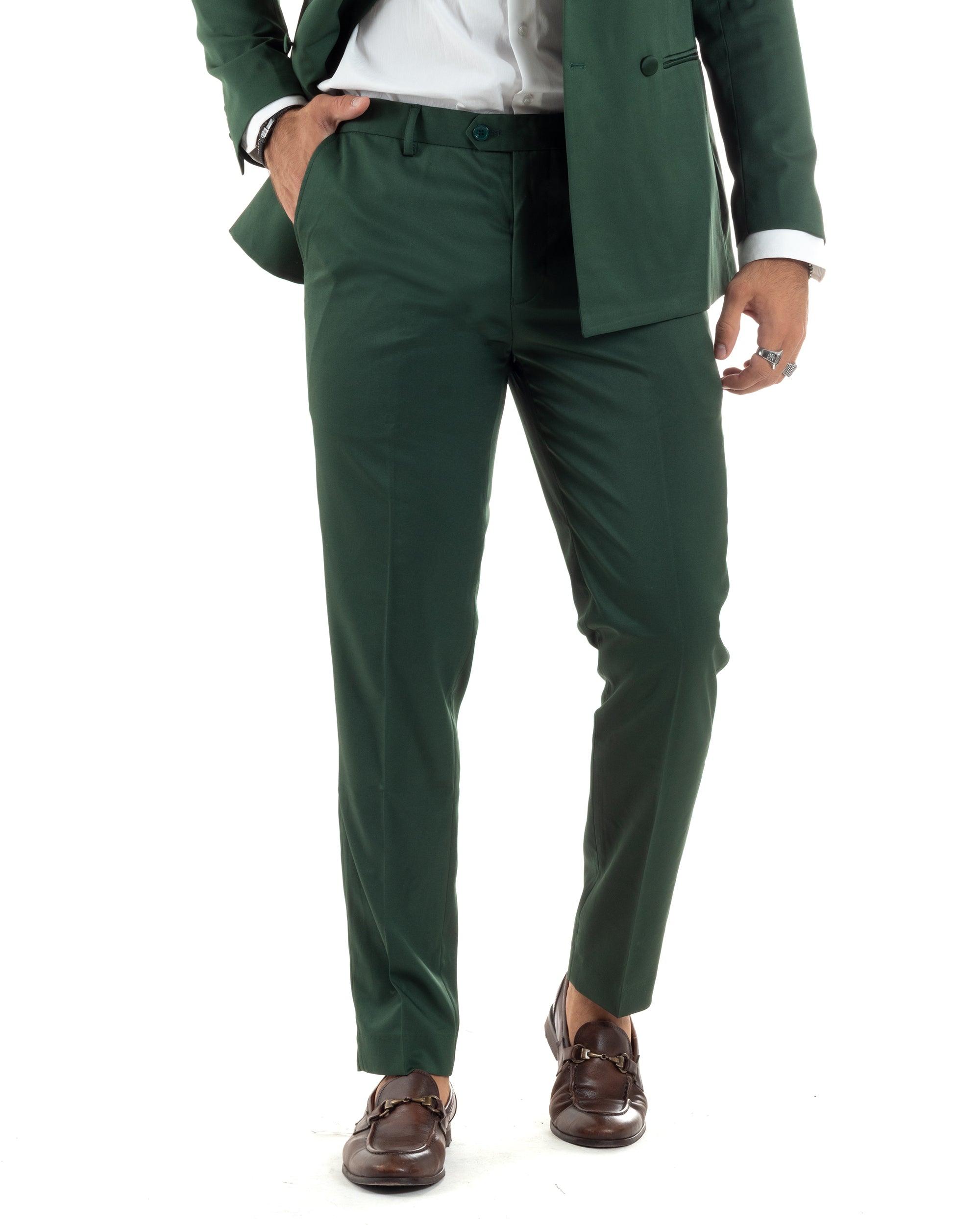 Abito Uomo Doppiopetto Vestito Completo Giacca Rever In Raso Pantaloni Abbottonatura Allungata Smoking Elegante Verde GIOSAL-AE1100A