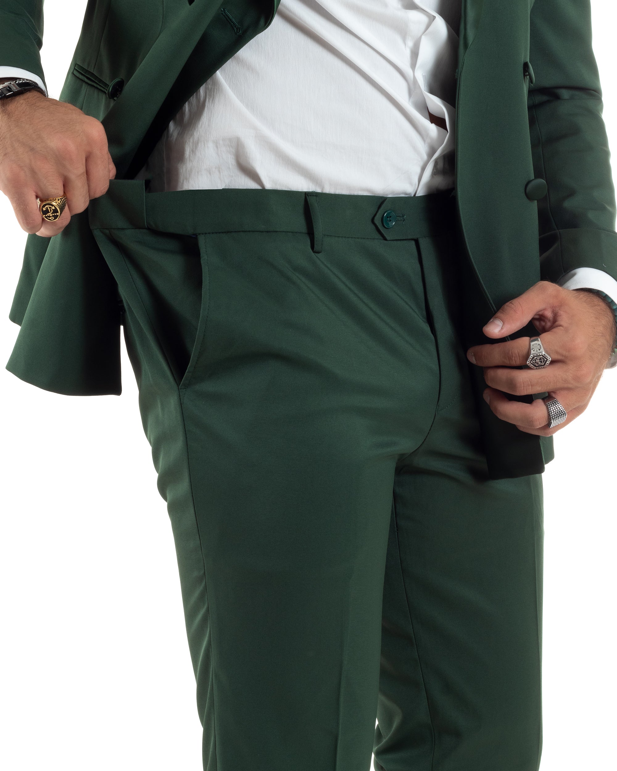 Abito Uomo Doppiopetto Vestito Completo Giacca Rever In Raso Pantaloni Abbottonatura Allungata Smoking Elegante Verde GIOSAL-AE1100A