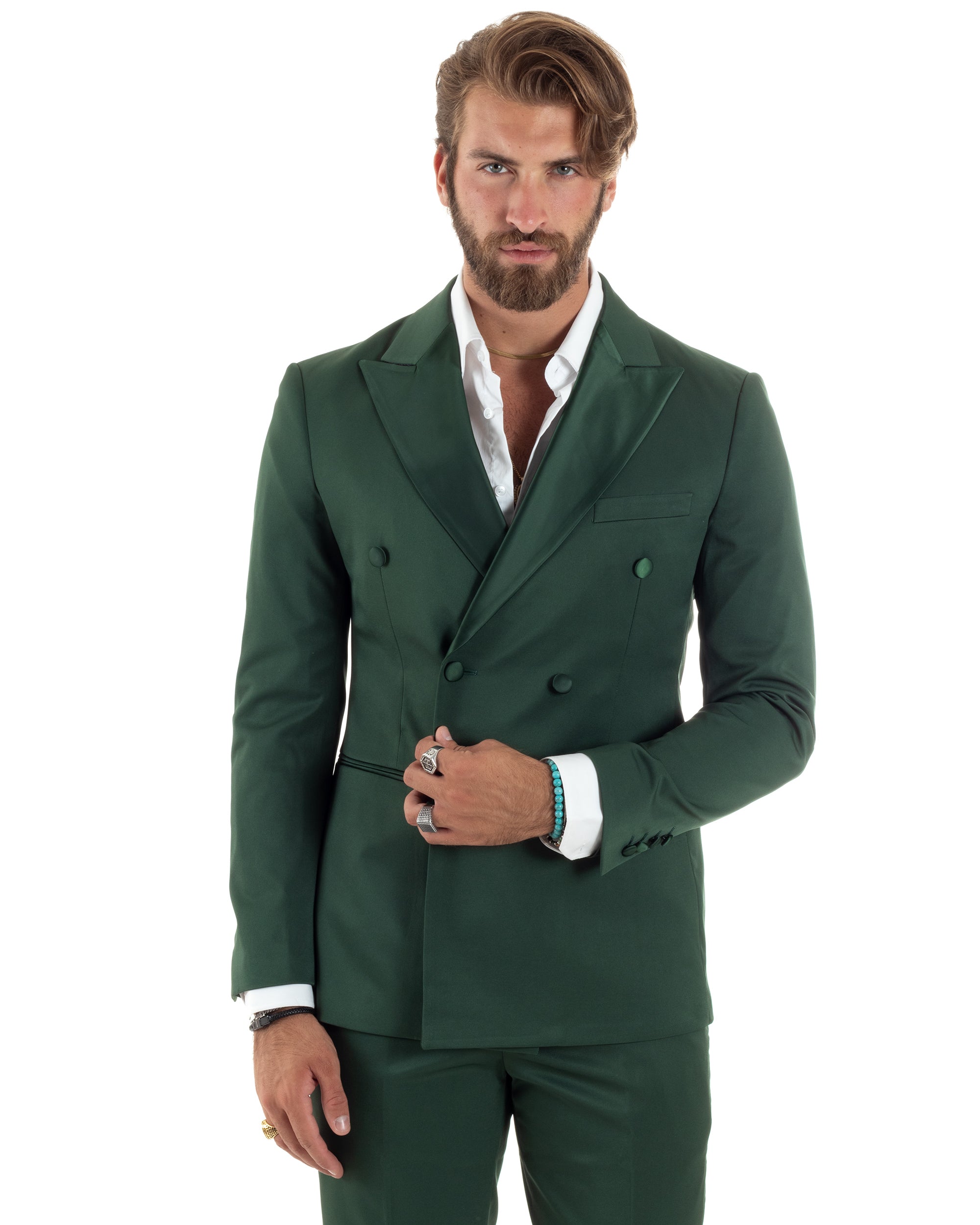 Abito Uomo Doppiopetto Vestito Completo Giacca Rever In Raso Pantaloni Abbottonatura Allungata Smoking Elegante Verde GIOSAL-AE1100A