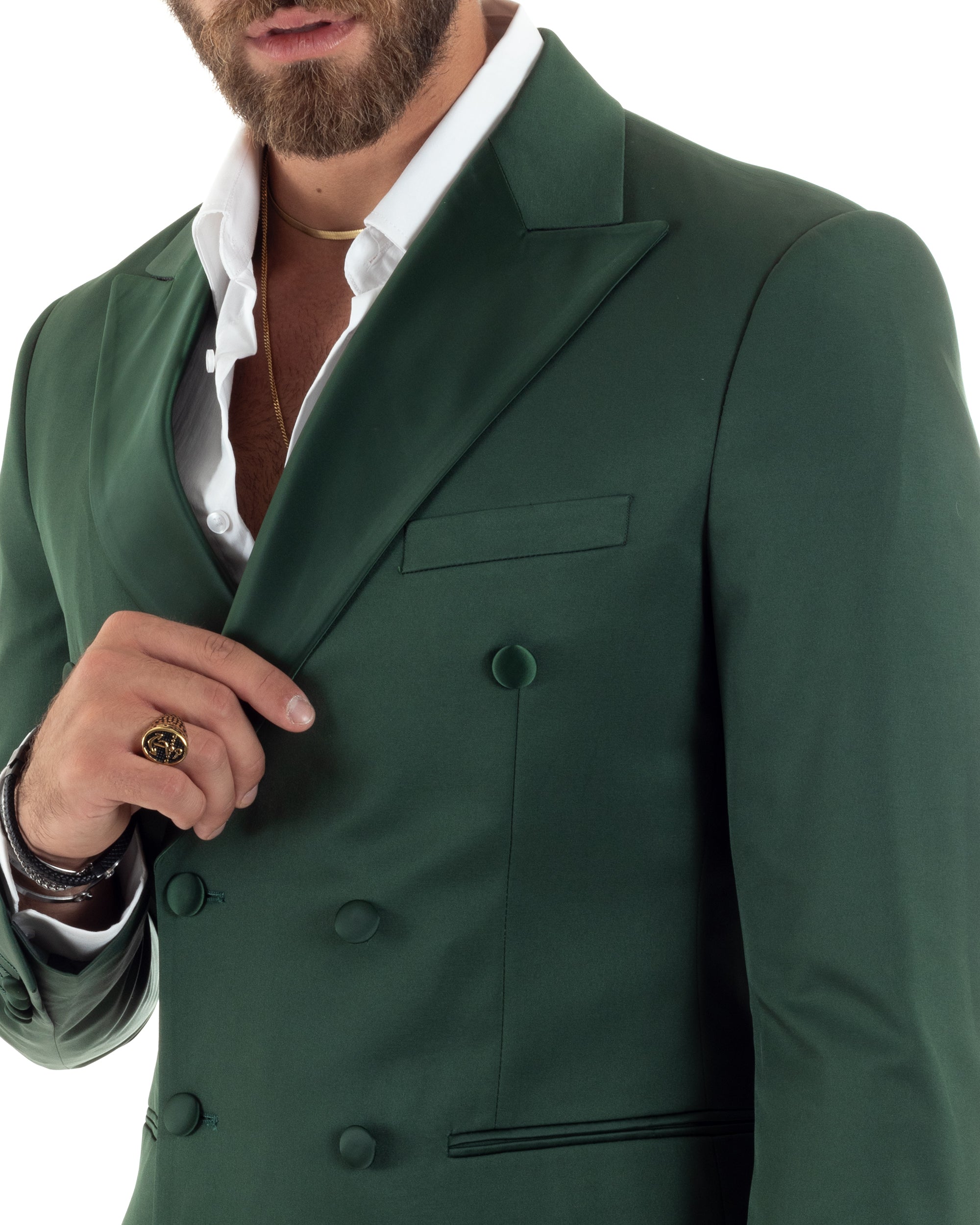 Abito Uomo Doppiopetto Vestito Completo Giacca Rever In Raso Pantaloni Abbottonatura Allungata Smoking Elegante Verde GIOSAL-AE1100A