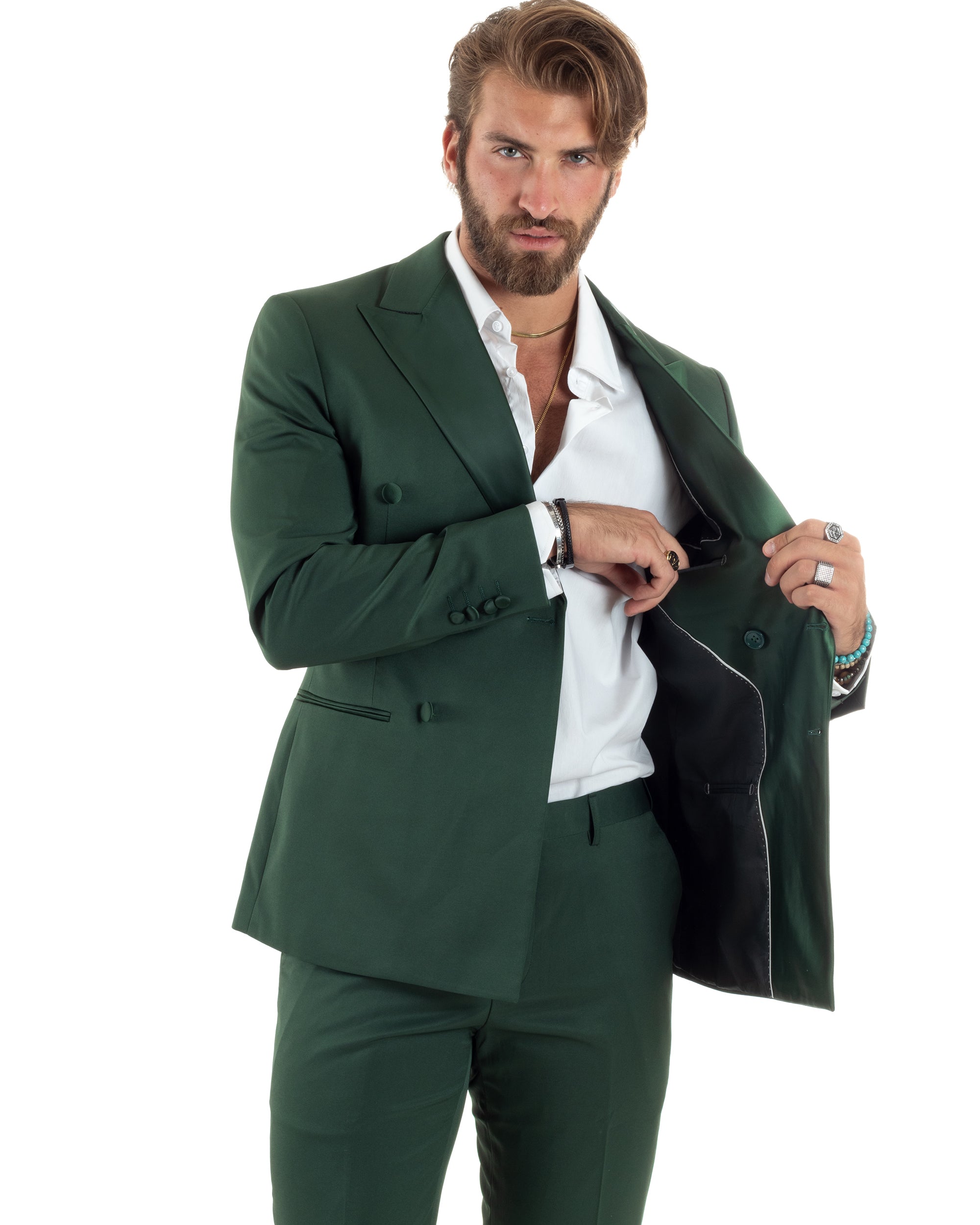 Abito Uomo Doppiopetto Vestito Completo Giacca Rever In Raso Pantaloni Smoking Verde AE1100A