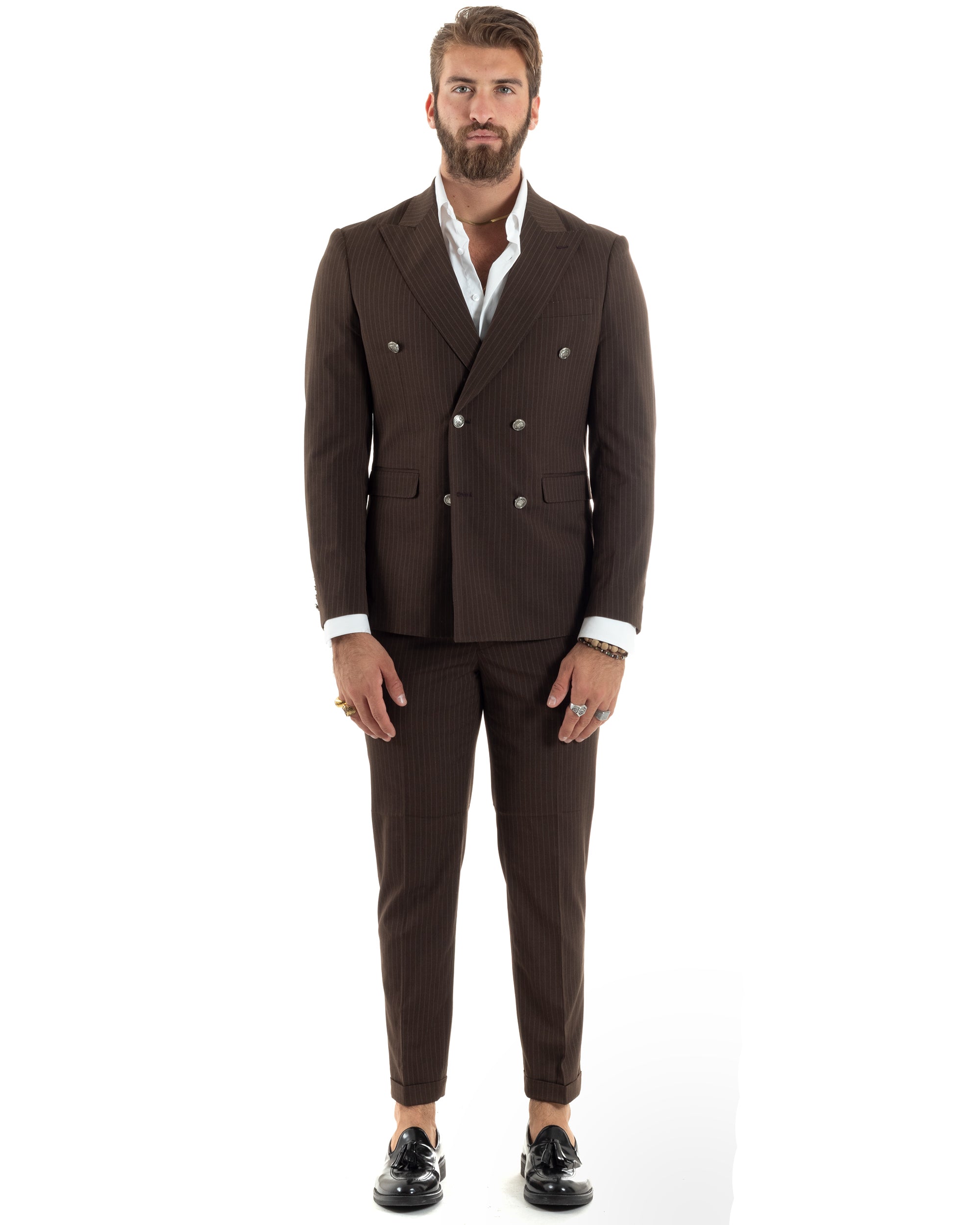 Abito Uomo Doppiopetto Vestito Completo Rigato Elegante Sartoriale Giacca Pantaloni Bottoni Metallo Fantasia Gessata Marrone GIOSAL-AE1101A