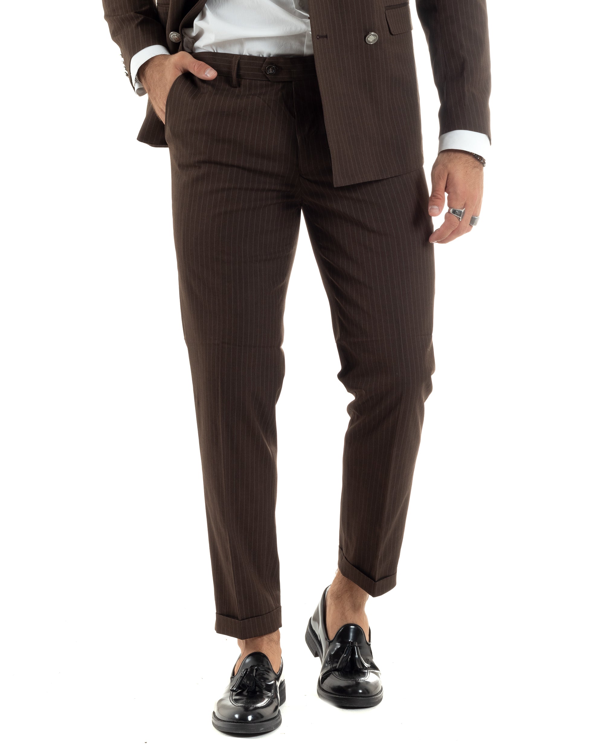 Pantaloni uomo marrone gessati vestibilità slim con chiusura bottoni