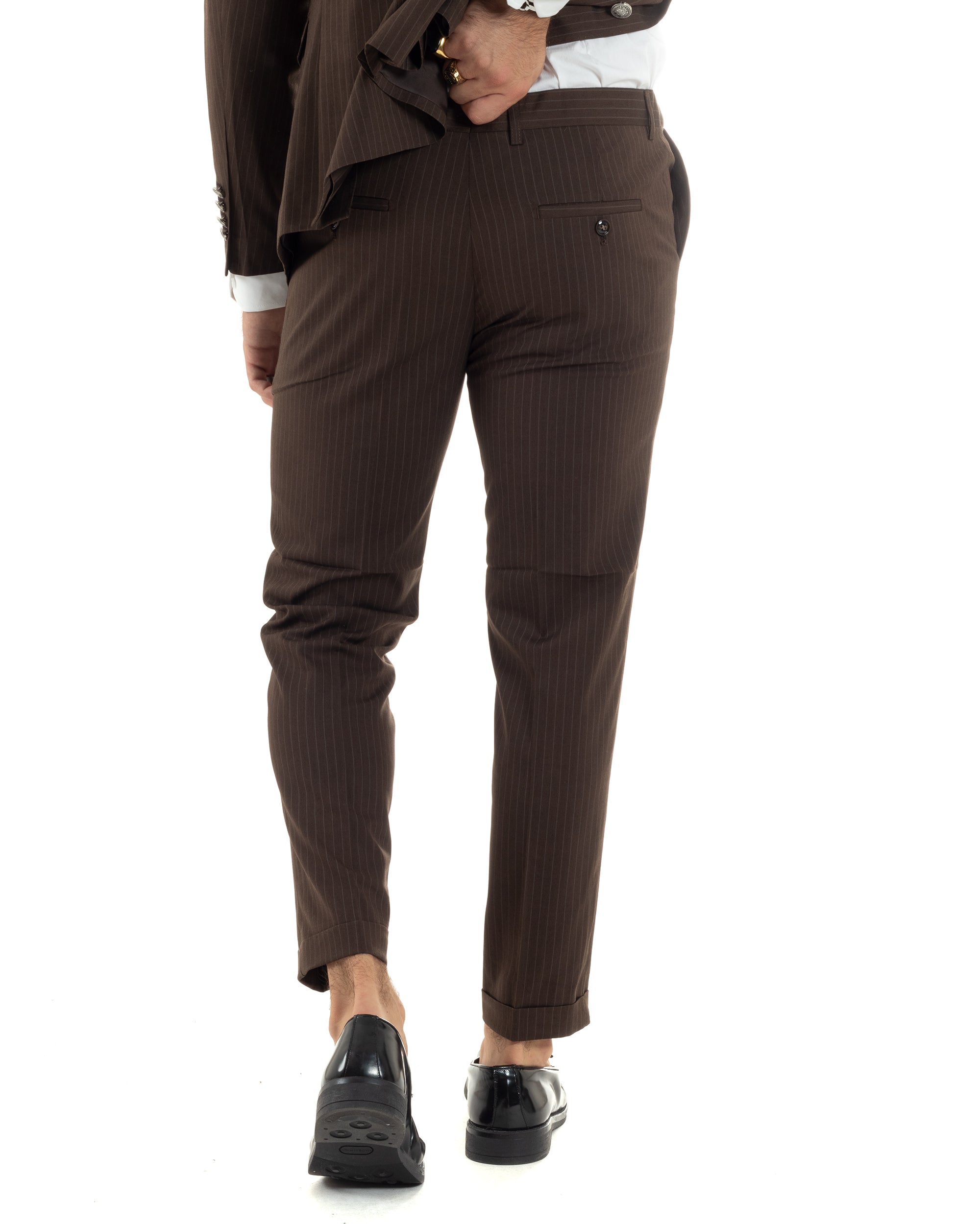 Pantaloni uomo marrone gessati retro intero