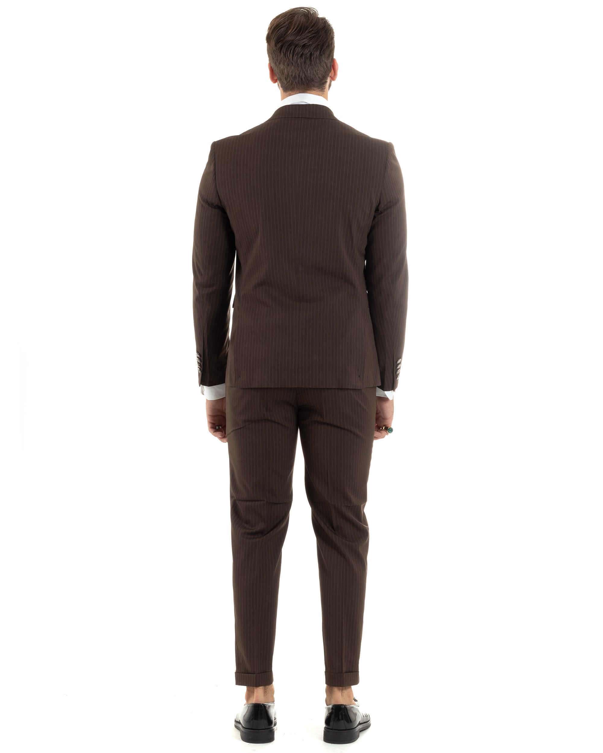 Abito Uomo Doppiopetto Vestito Completo Rigato Elegante Sartoriale Giacca Pantaloni Bottoni Metallo Fantasia Gessata Marrone GIOSAL-AE1101A
