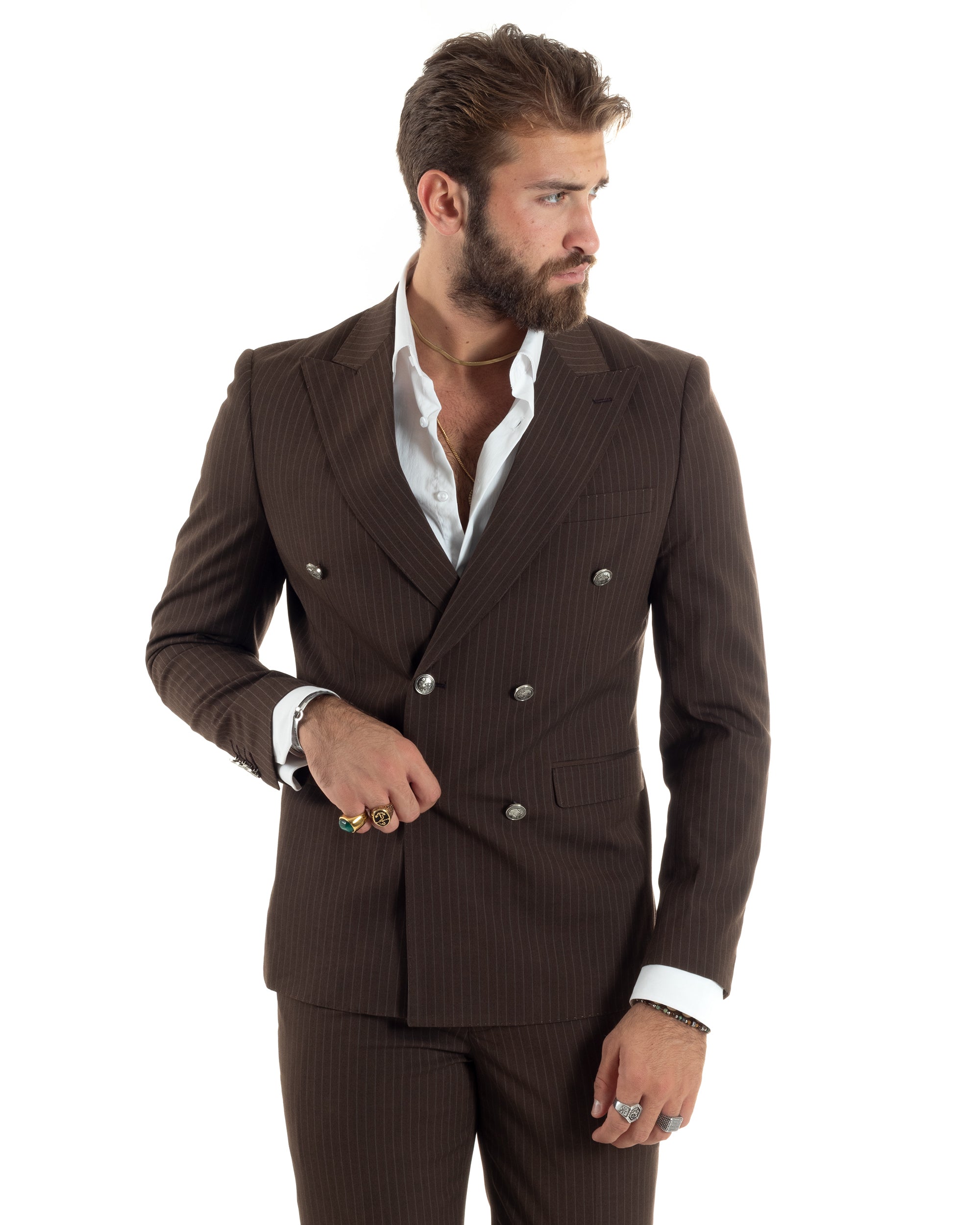 Abito Uomo Doppiopetto Vestito Completo Rigato Elegante Sartoriale Giacca Pantaloni Bottoni Metallo Fantasia Gessata Marrone GIOSAL-AE1101A