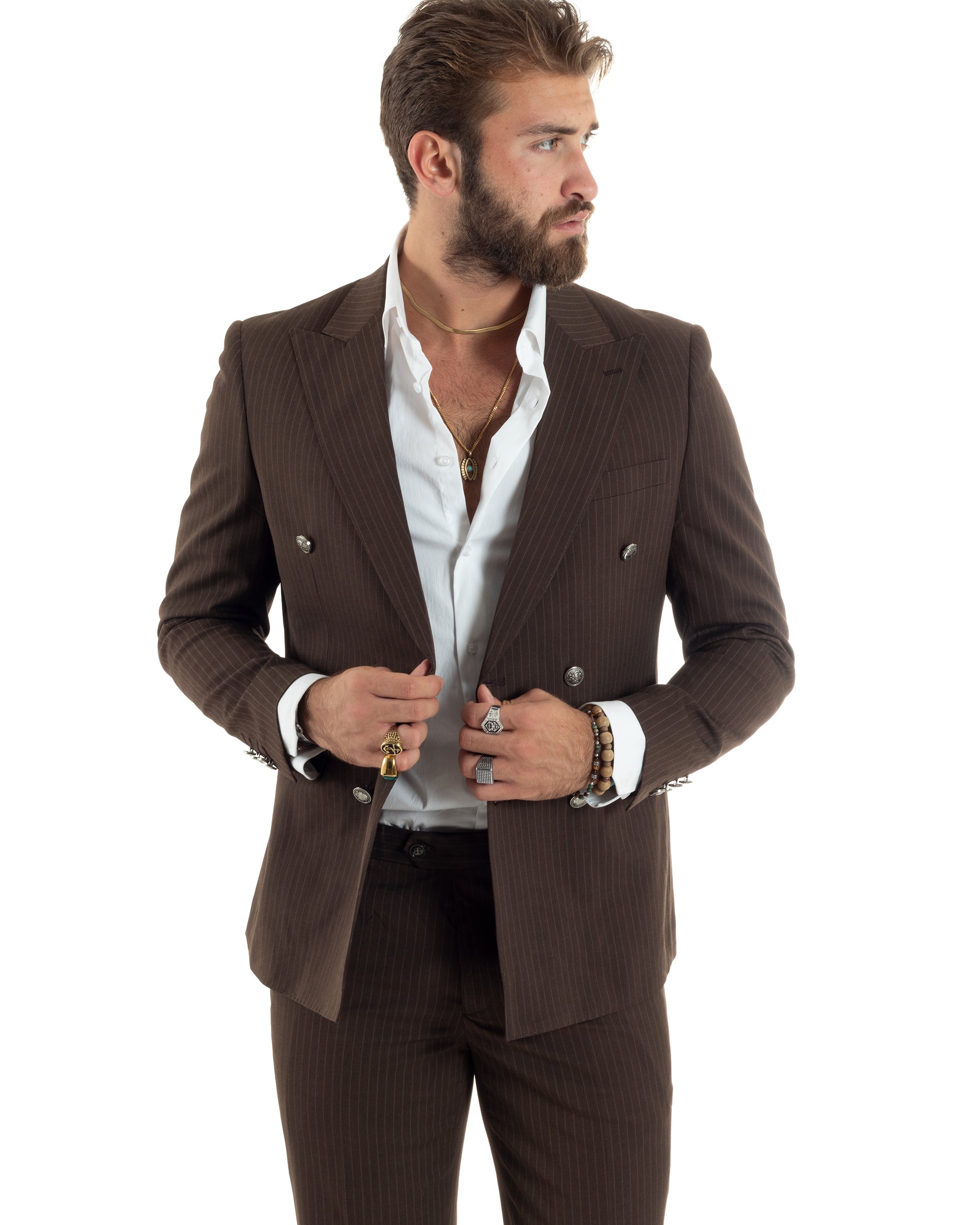 Abito Uomo Doppiopetto Vestito Completo Rigato Elegante Sartoriale Giacca Pantaloni Bottoni Metallo Fantasia Gessata Marrone GIOSAL-AE1101A