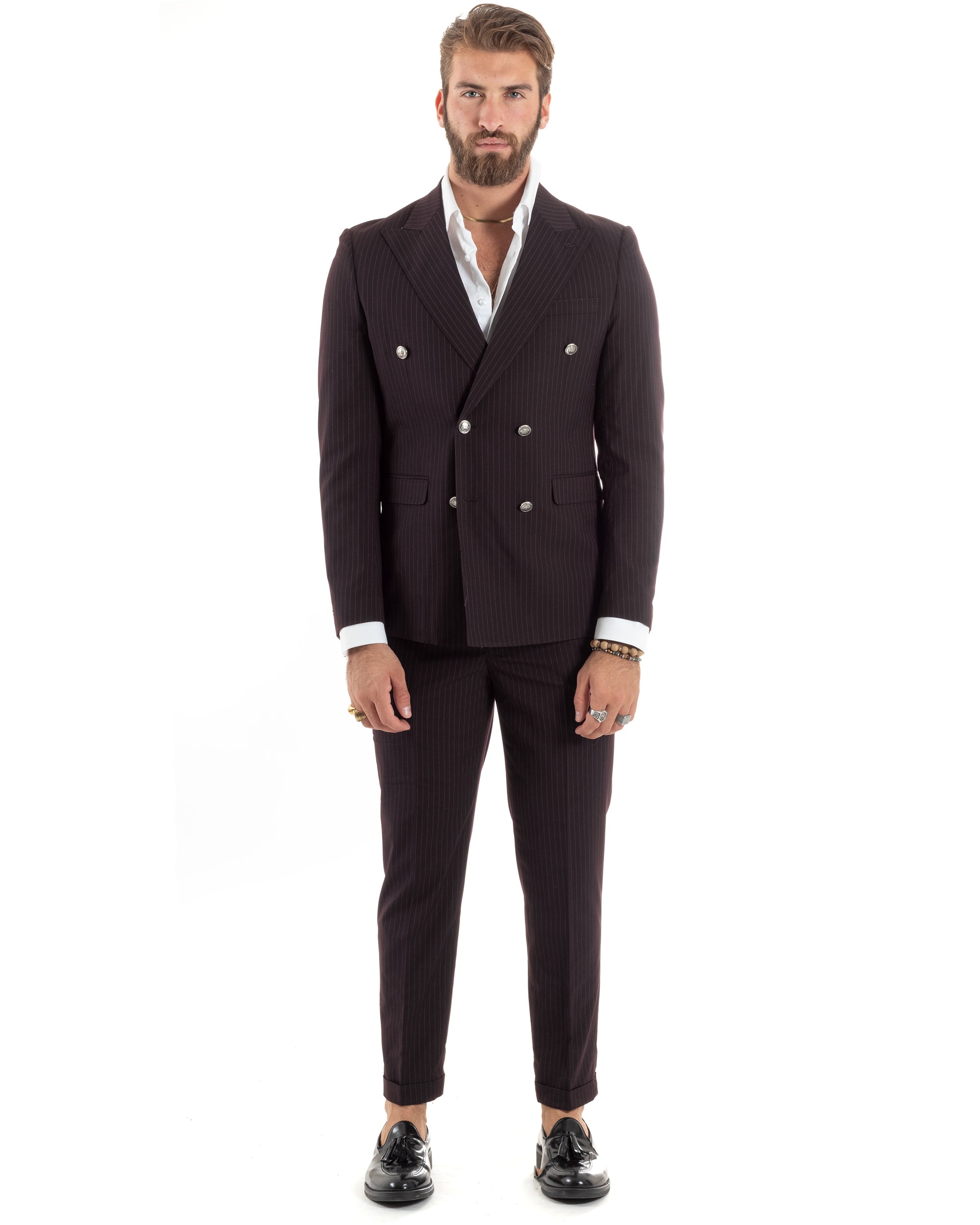 Abito Uomo Doppiopetto Vestito Completo Rigato Giacca Pantaloni Bottoni Metallo Fantasia Gessata Bordeaux AE1102A