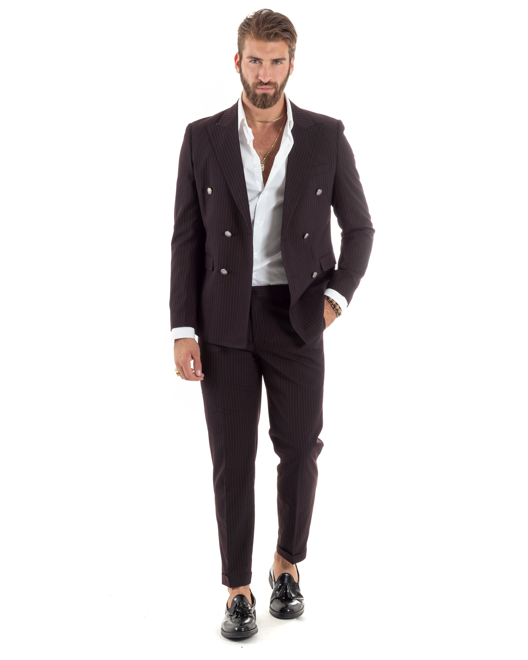 Abito Uomo Doppiopetto Vestito Completo Rigato Giacca Pantaloni Bottoni Metallo Fantasia Gessata Bordeaux AE1102A