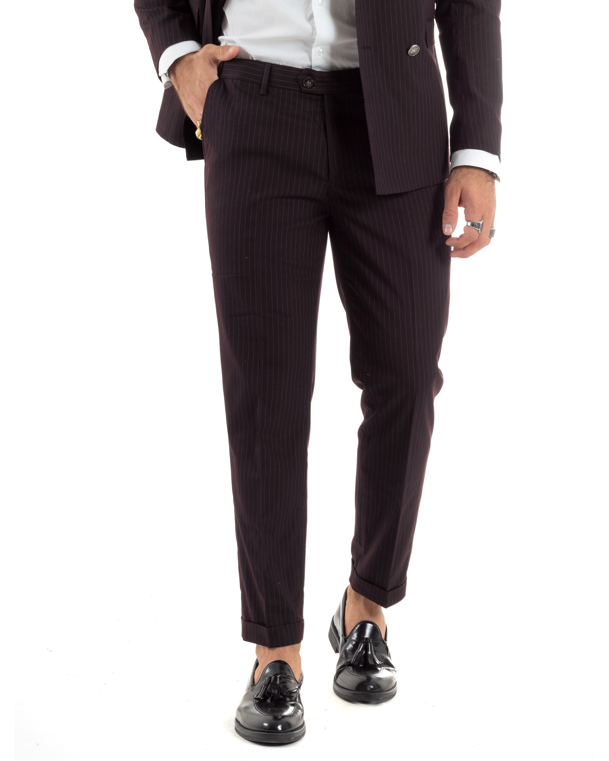 Abito Uomo Doppiopetto Vestito Completo Rigato Giacca Pantaloni Bottoni Metallo Fantasia Gessata Bordeaux AE1102A