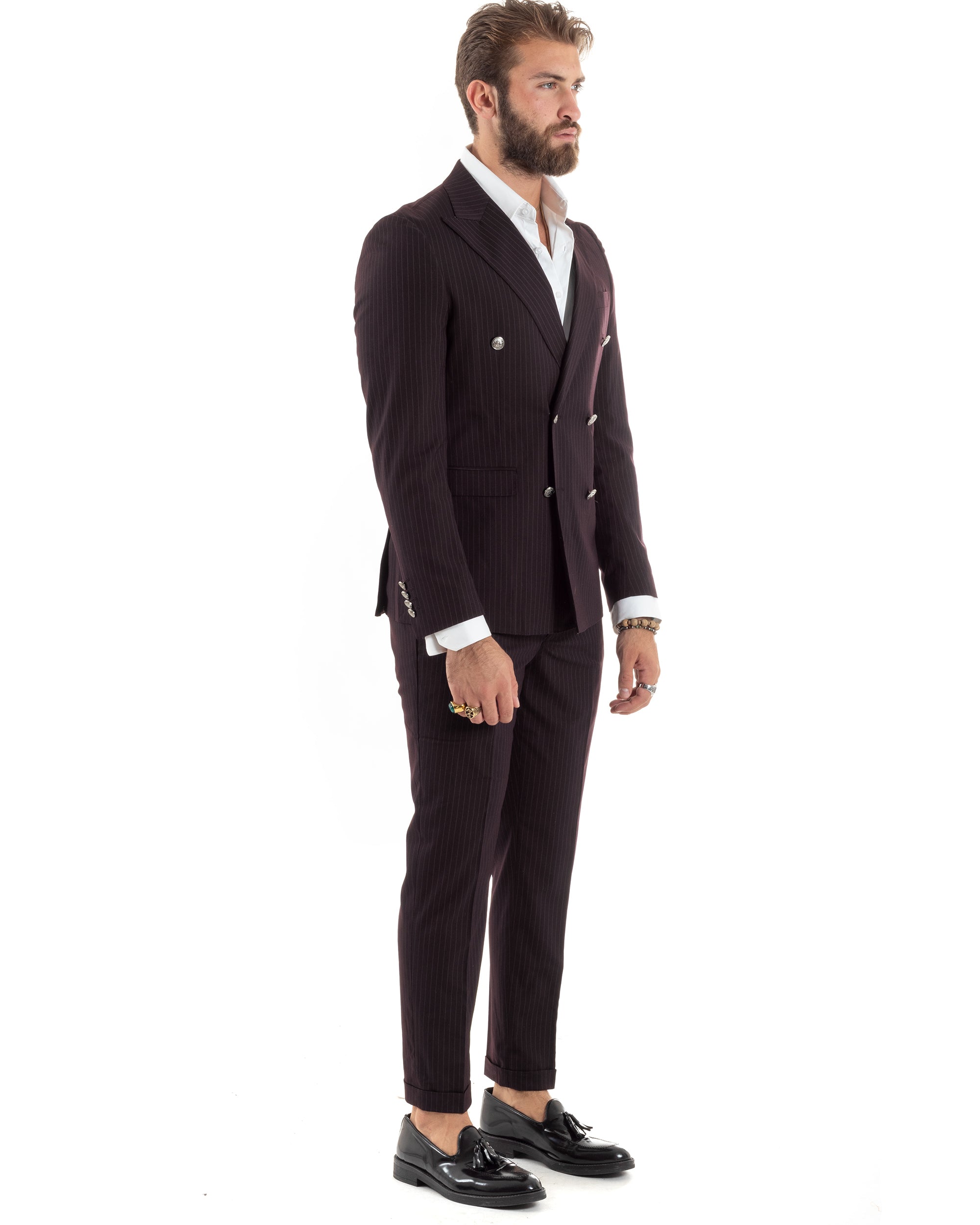 Abito Uomo Doppiopetto Vestito Completo Rigato Giacca Pantaloni Bottoni Metallo Fantasia Gessata Bordeaux AE1102A