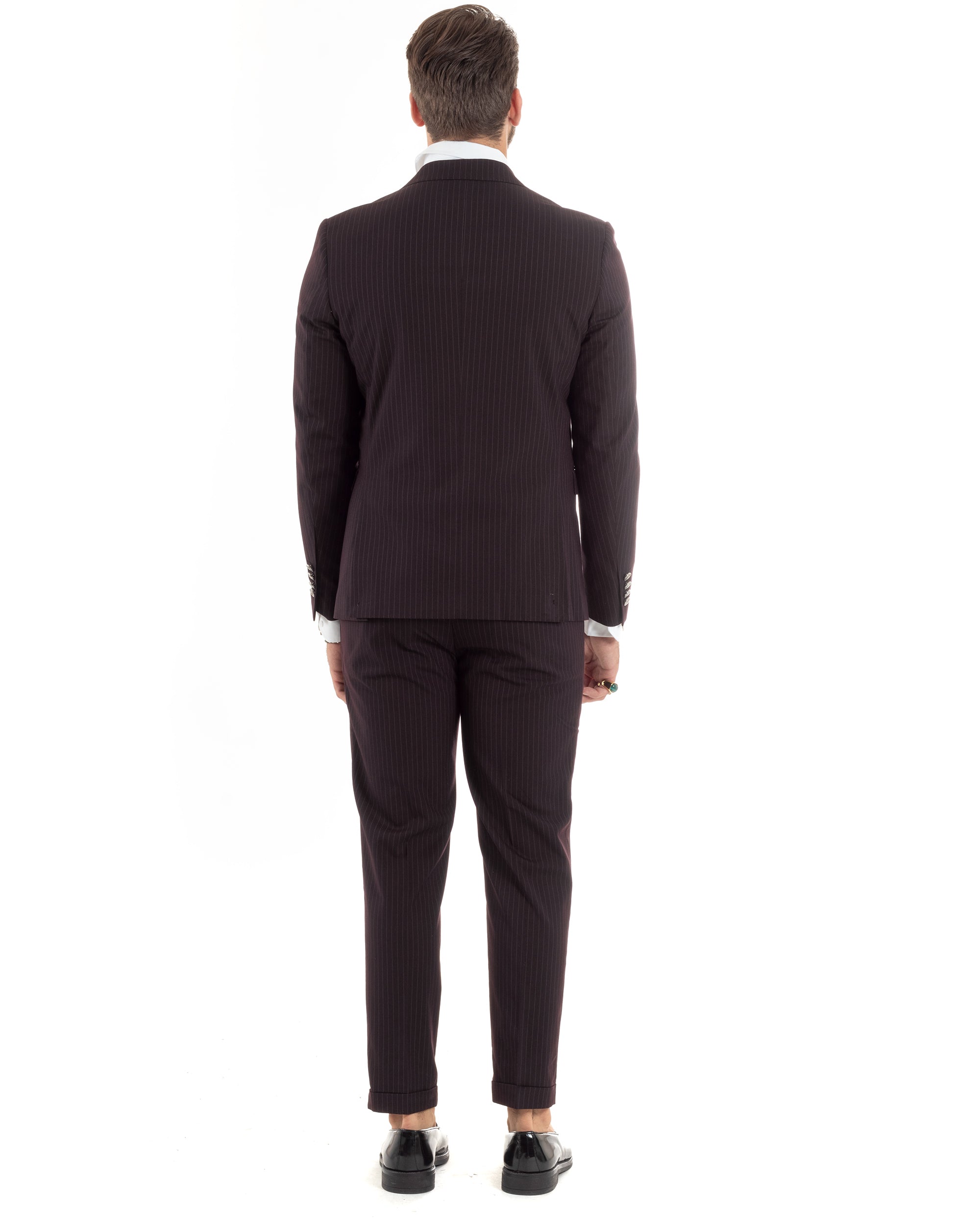 Abito Uomo Doppiopetto Vestito Completo Rigato Giacca Pantaloni Bottoni Metallo Fantasia Gessata Bordeaux AE1102A