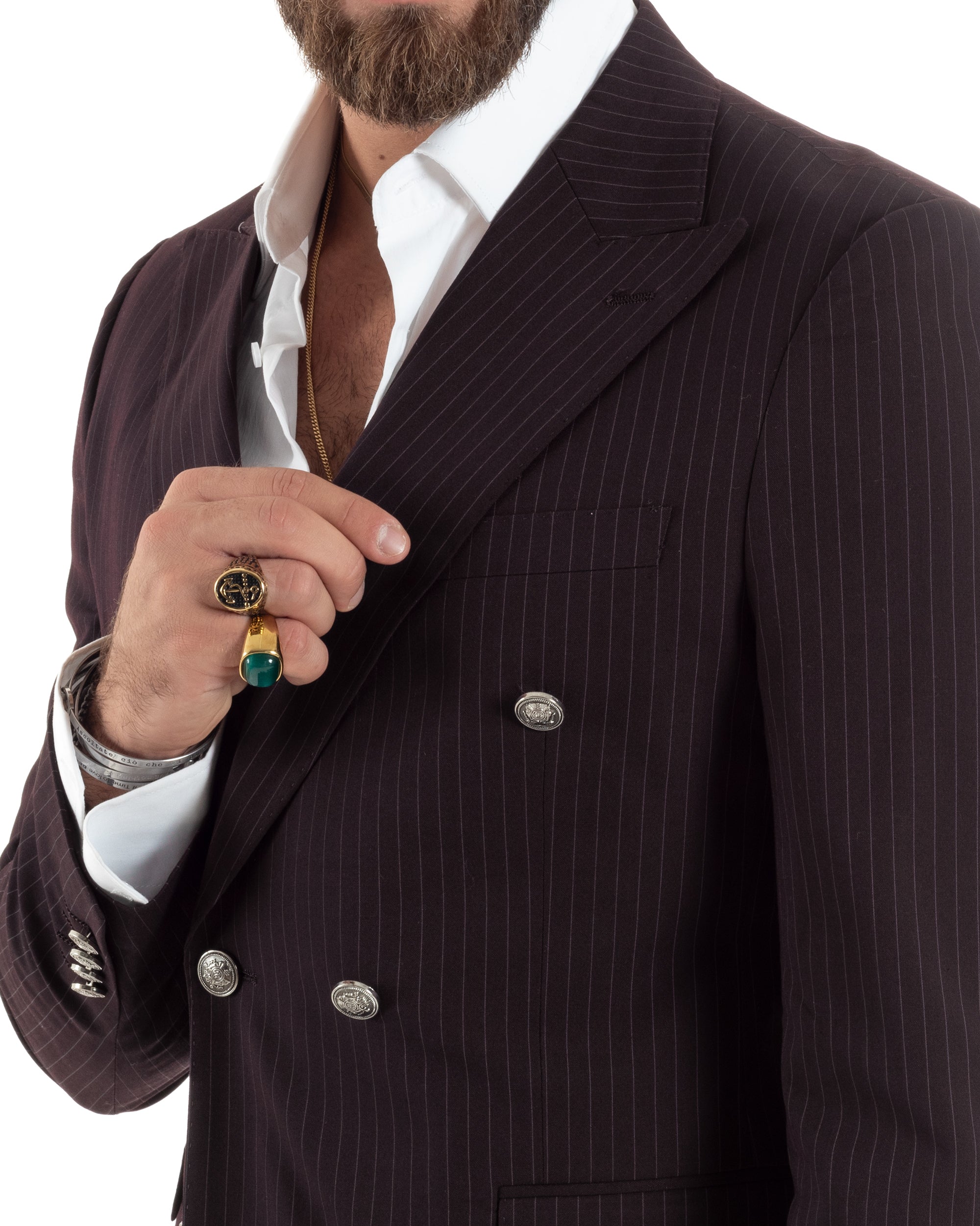 Abito Uomo Doppiopetto Vestito Completo Rigato Giacca Pantaloni Bottoni Metallo Fantasia Gessata Bordeaux AE1102A