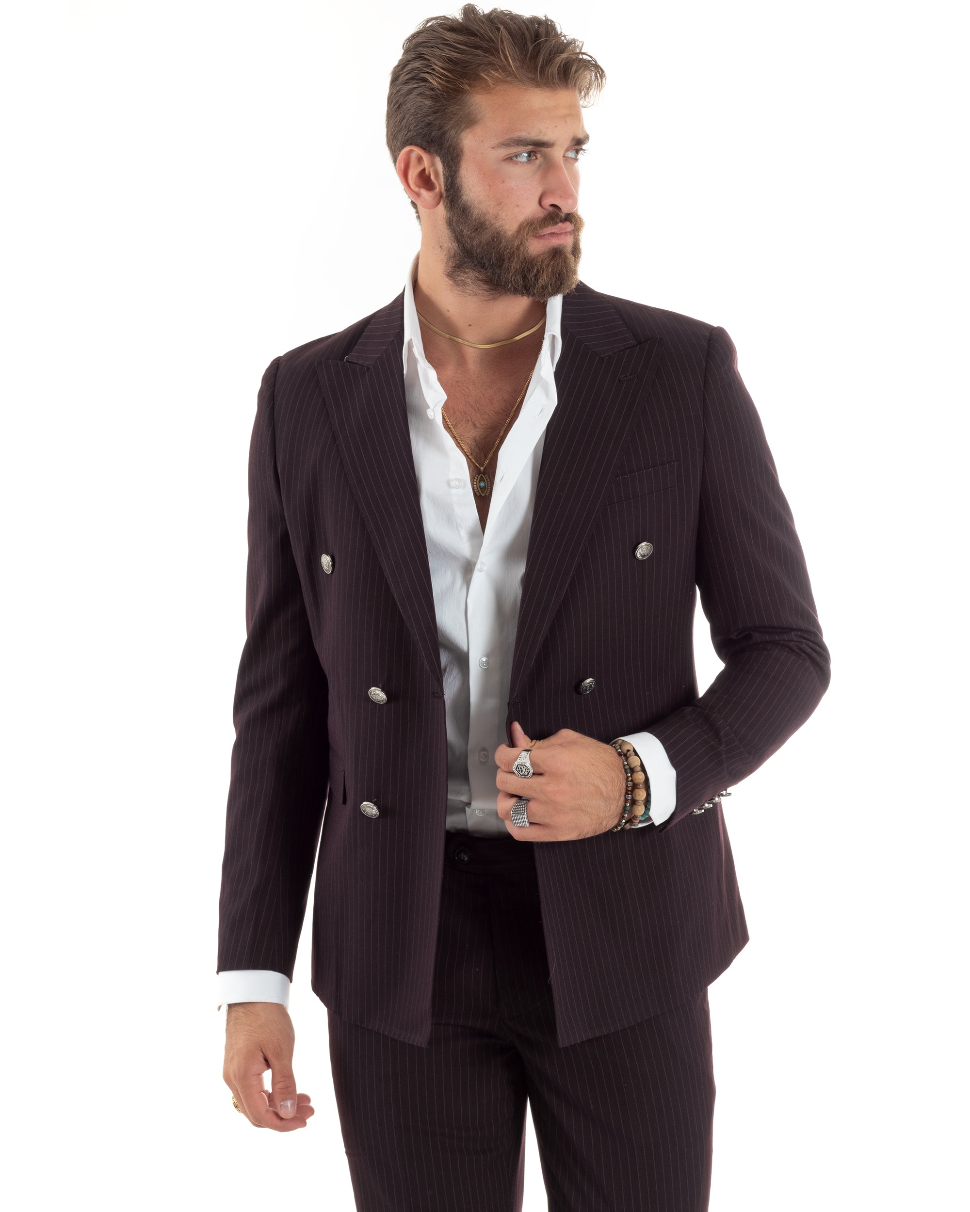Abito Uomo Doppiopetto Vestito Completo Rigato Giacca Pantaloni Bottoni Metallo Fantasia Gessata Bordeaux AE1102A