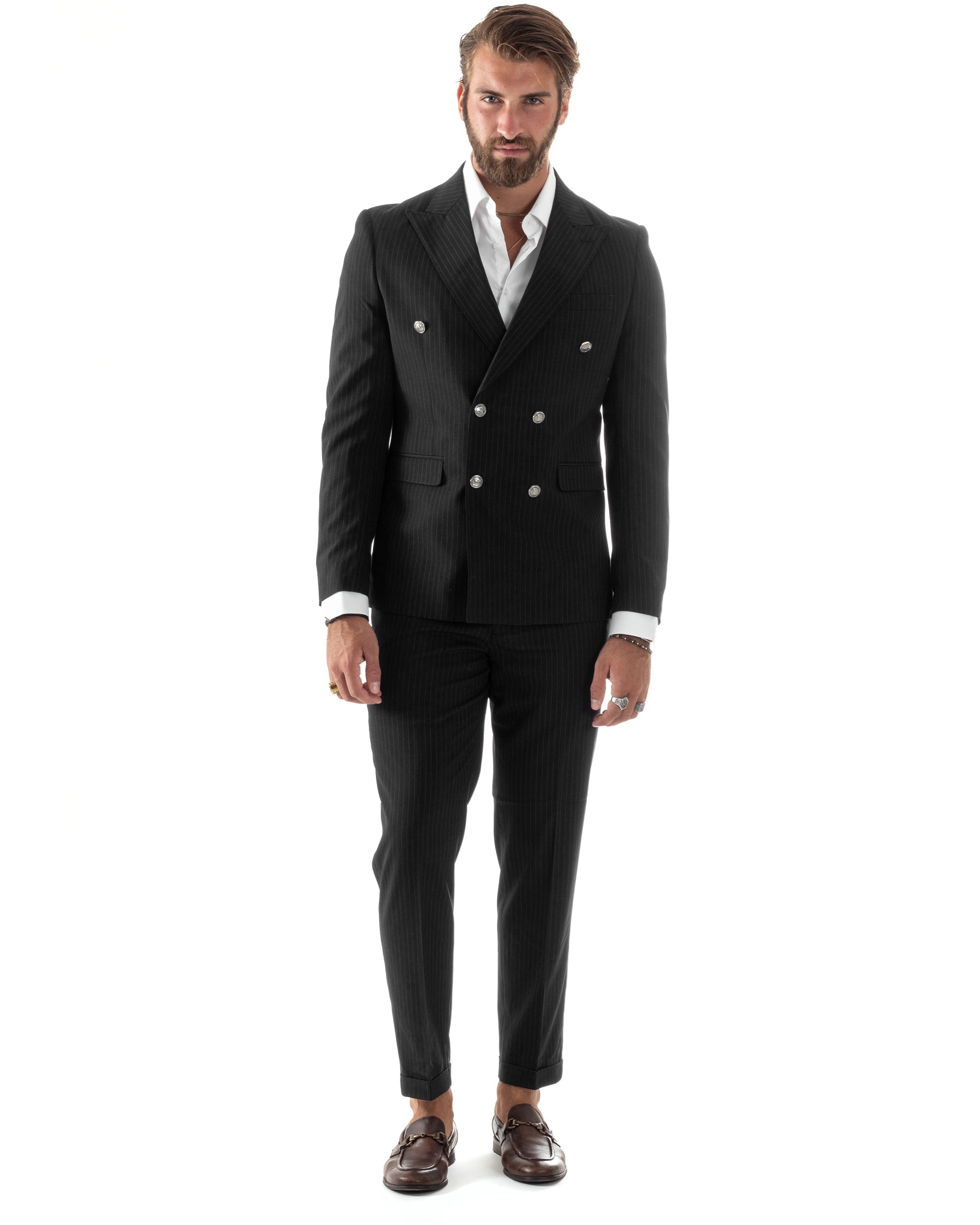 Abito Uomo Doppiopetto Vestito Completo Rigato Elegante Sartoriale Giacca Pantaloni Bottoni Metallo Fantasia Gessata Nero GIOSAL-AE1103A