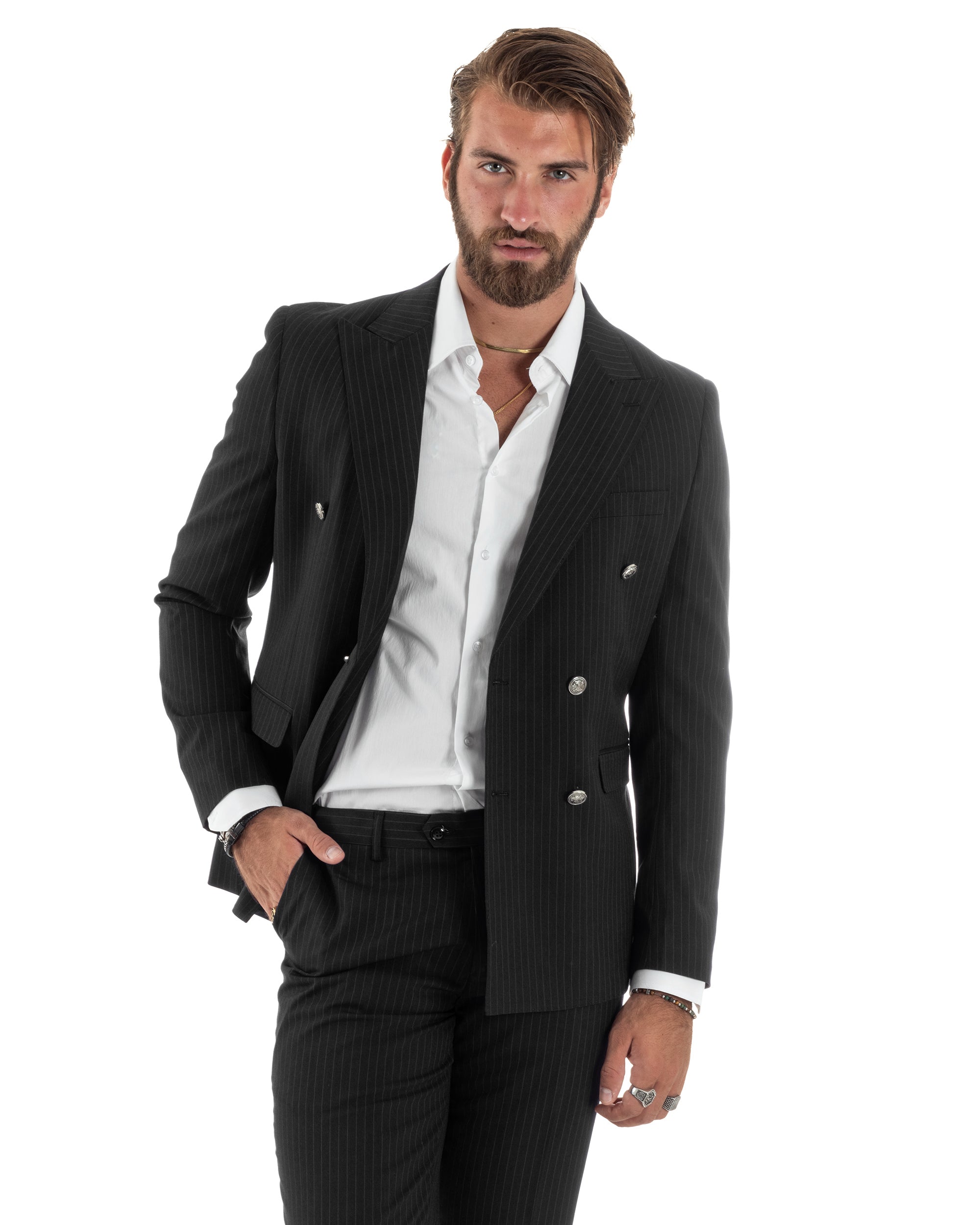 Abito Uomo Doppiopetto Vestito Completo Rigato Giacca Pantaloni Bottoni Metallo Fantasia Gessata Nero AE1103A