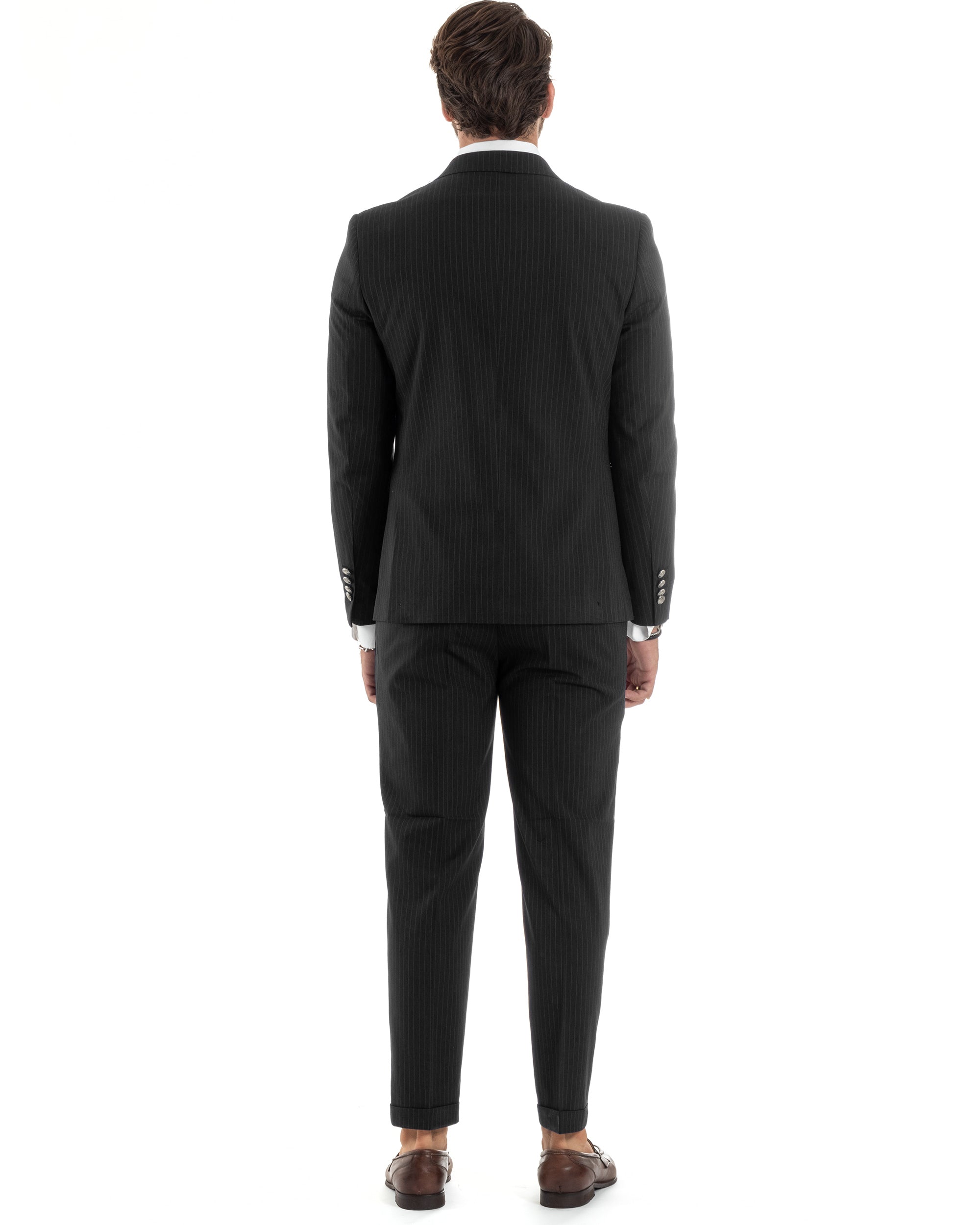 Abito Uomo Doppiopetto Vestito Completo Rigato Elegante Sartoriale Giacca Pantaloni Bottoni Metallo Fantasia Gessata Nero GIOSAL-AE1103A