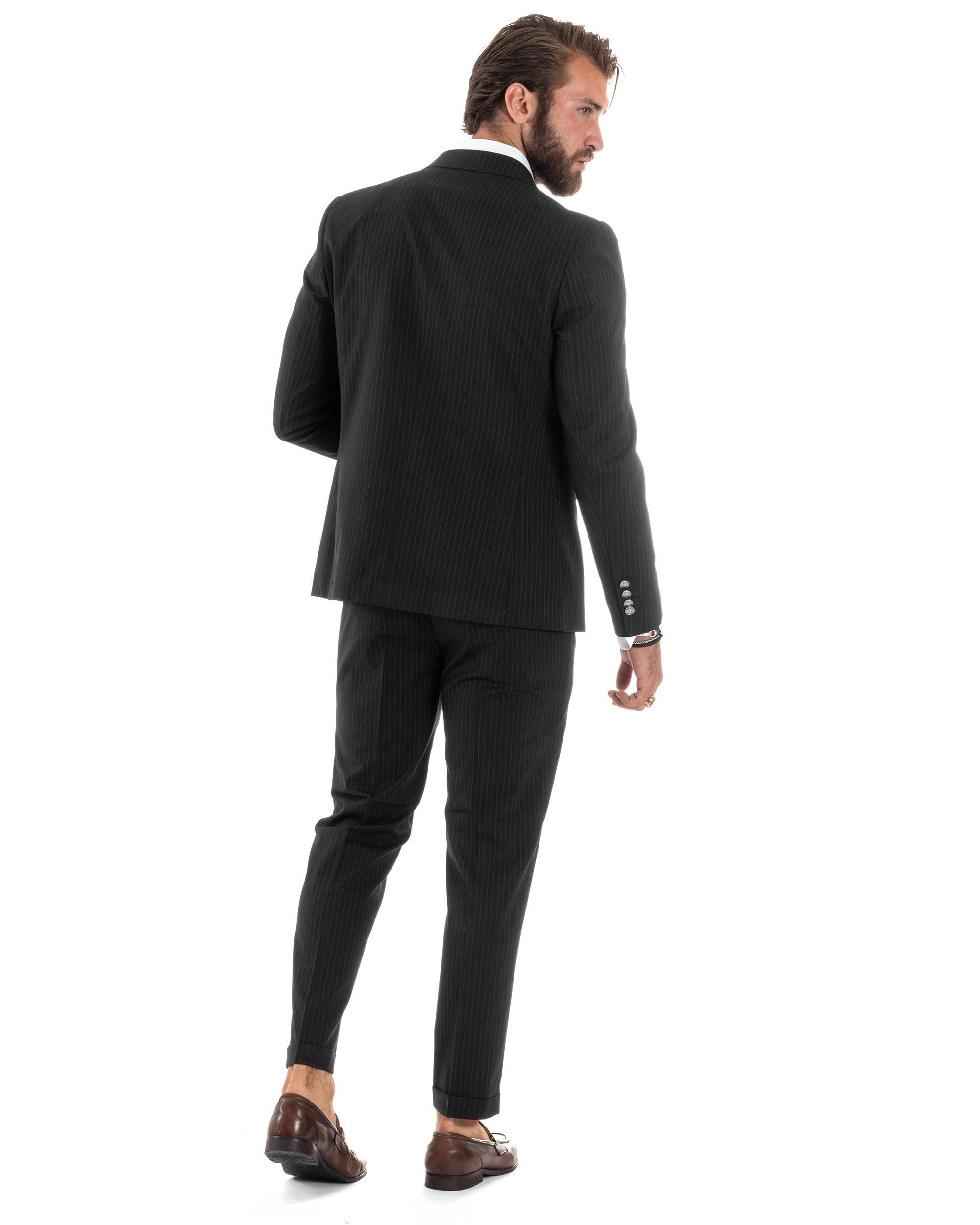 Abito Uomo Doppiopetto Vestito Completo Rigato Giacca Pantaloni Bottoni Metallo Fantasia Gessata Nero AE1103A