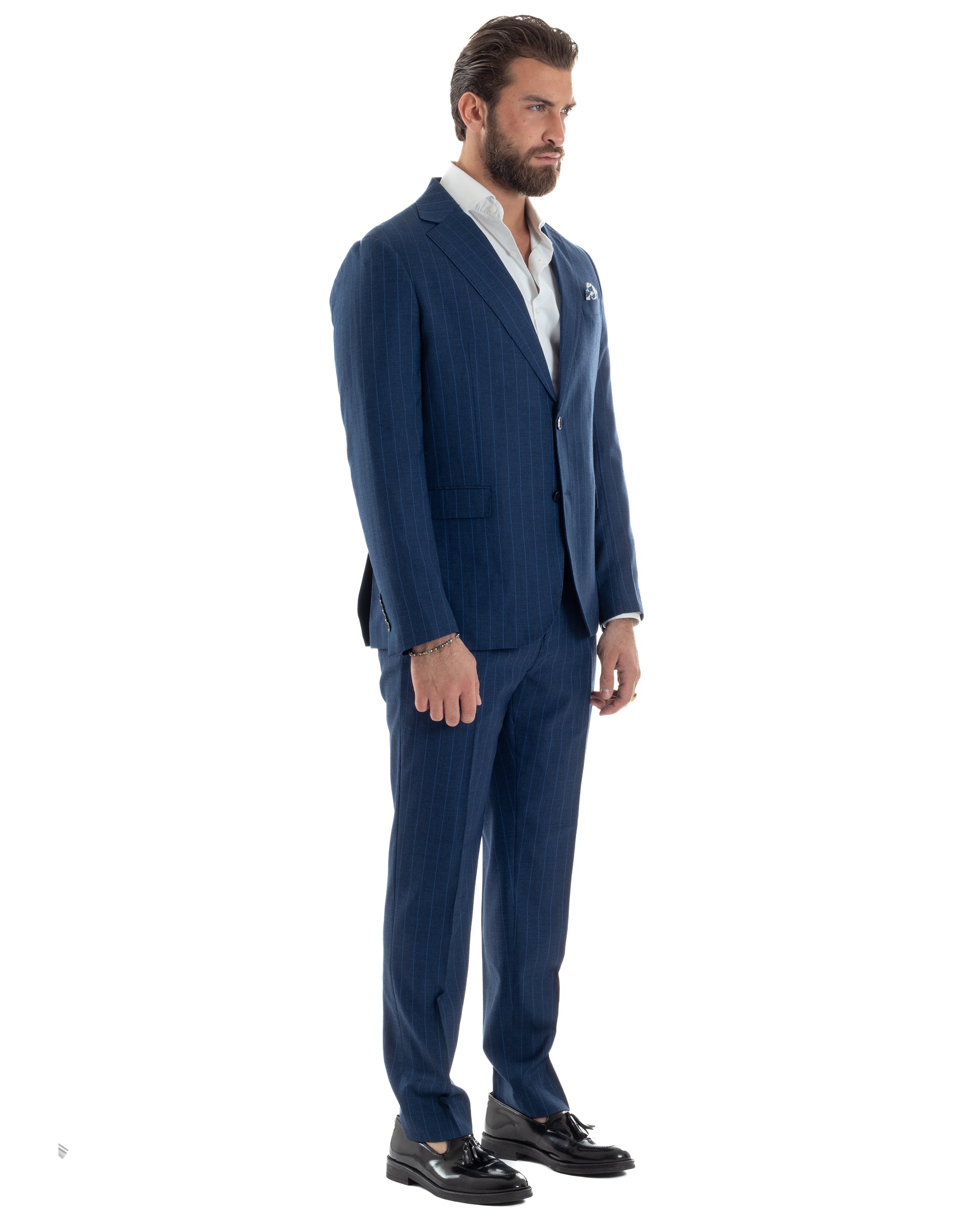 Abito Uomo Monopetto Vestito Gessato Giacca Con Pochette Pantaloni Completo Elegante Blu GIOSAL-AE1108A