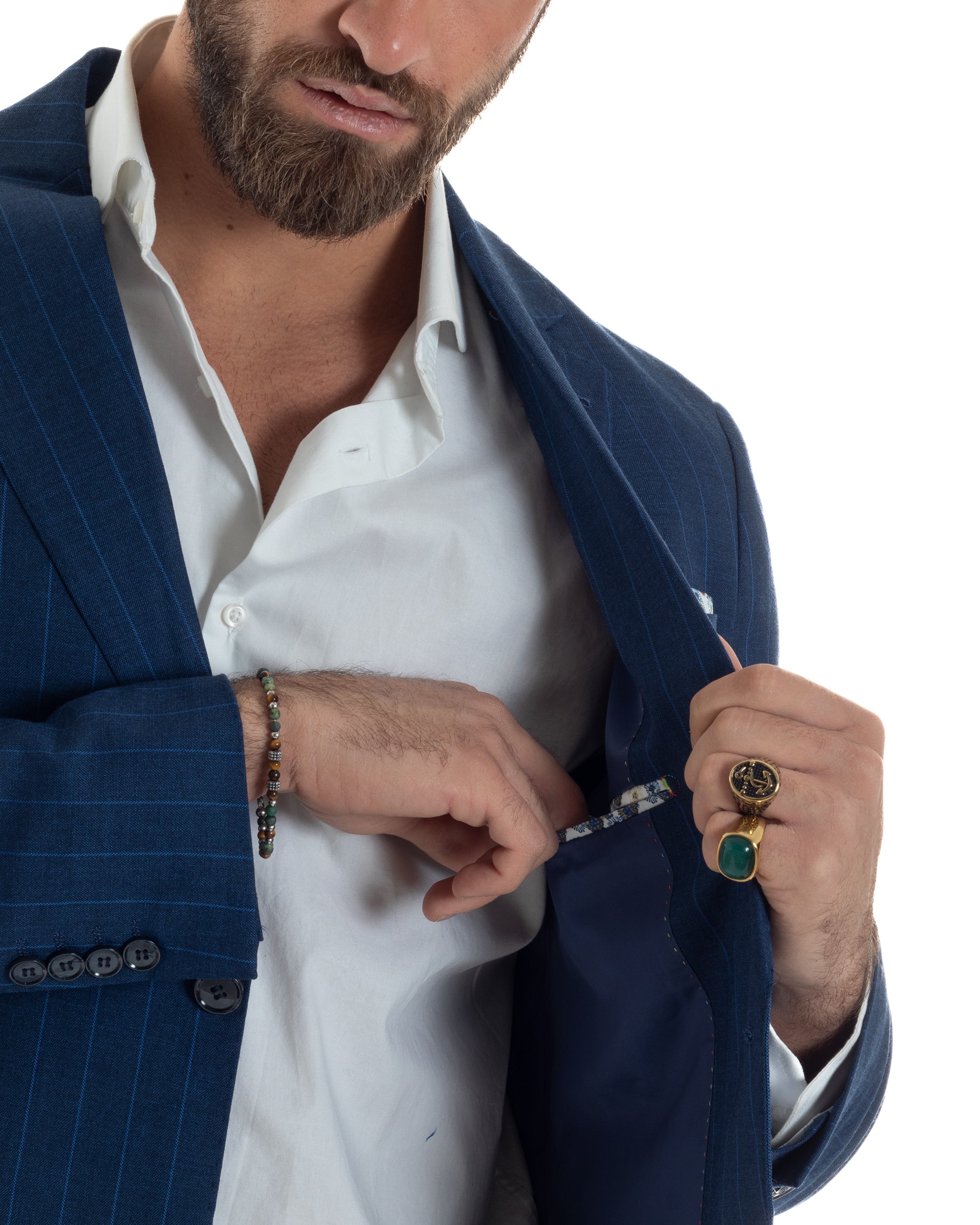 Abito Uomo Monopetto Vestito Gessato Giacca Con Pochette Pantaloni Completo Elegante Blu GIOSAL-AE1108A