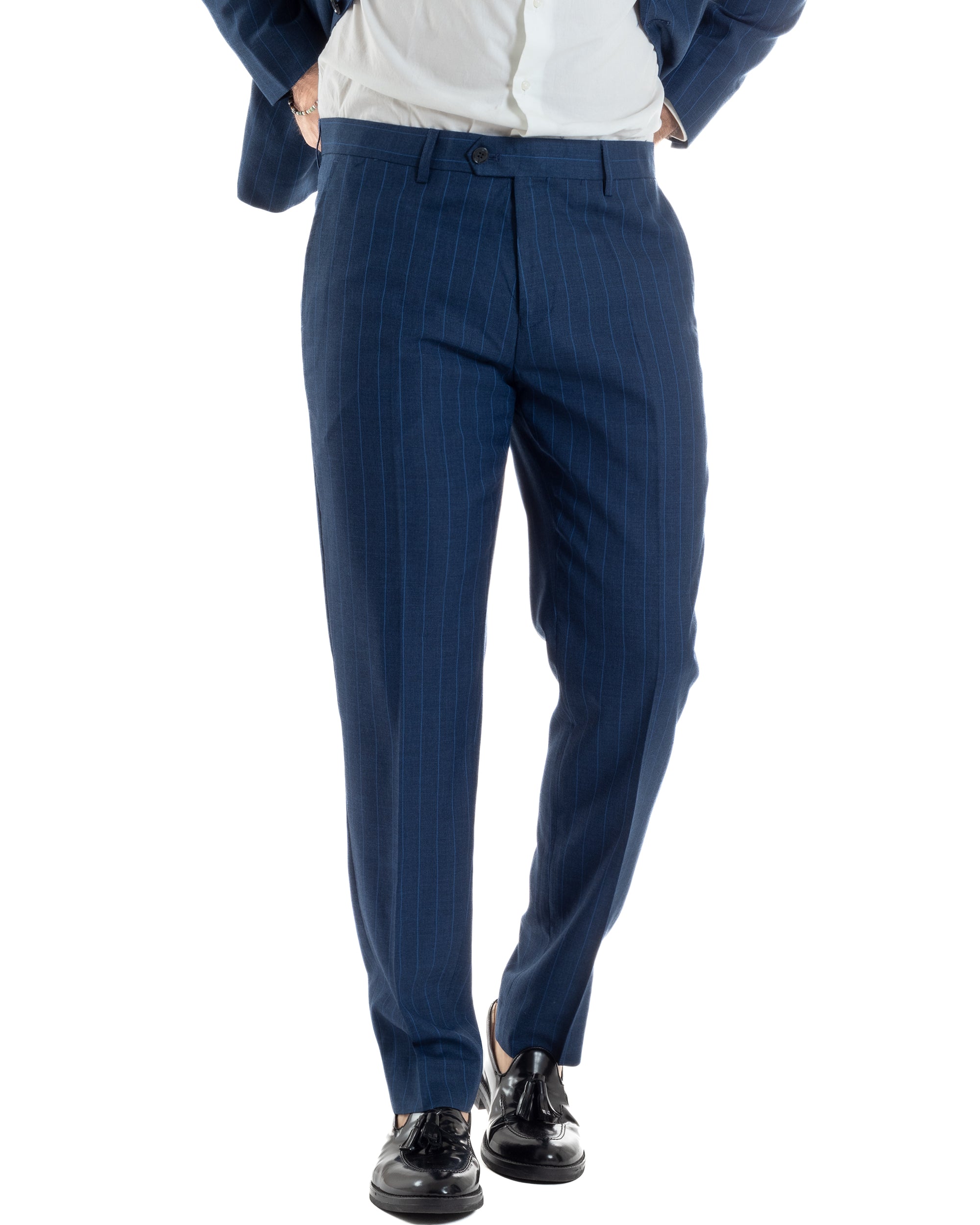 Abito Uomo Monopetto Vestito Gessato Giacca Con Pochette Pantaloni Completo Elegante Blu GIOSAL-AE1108A