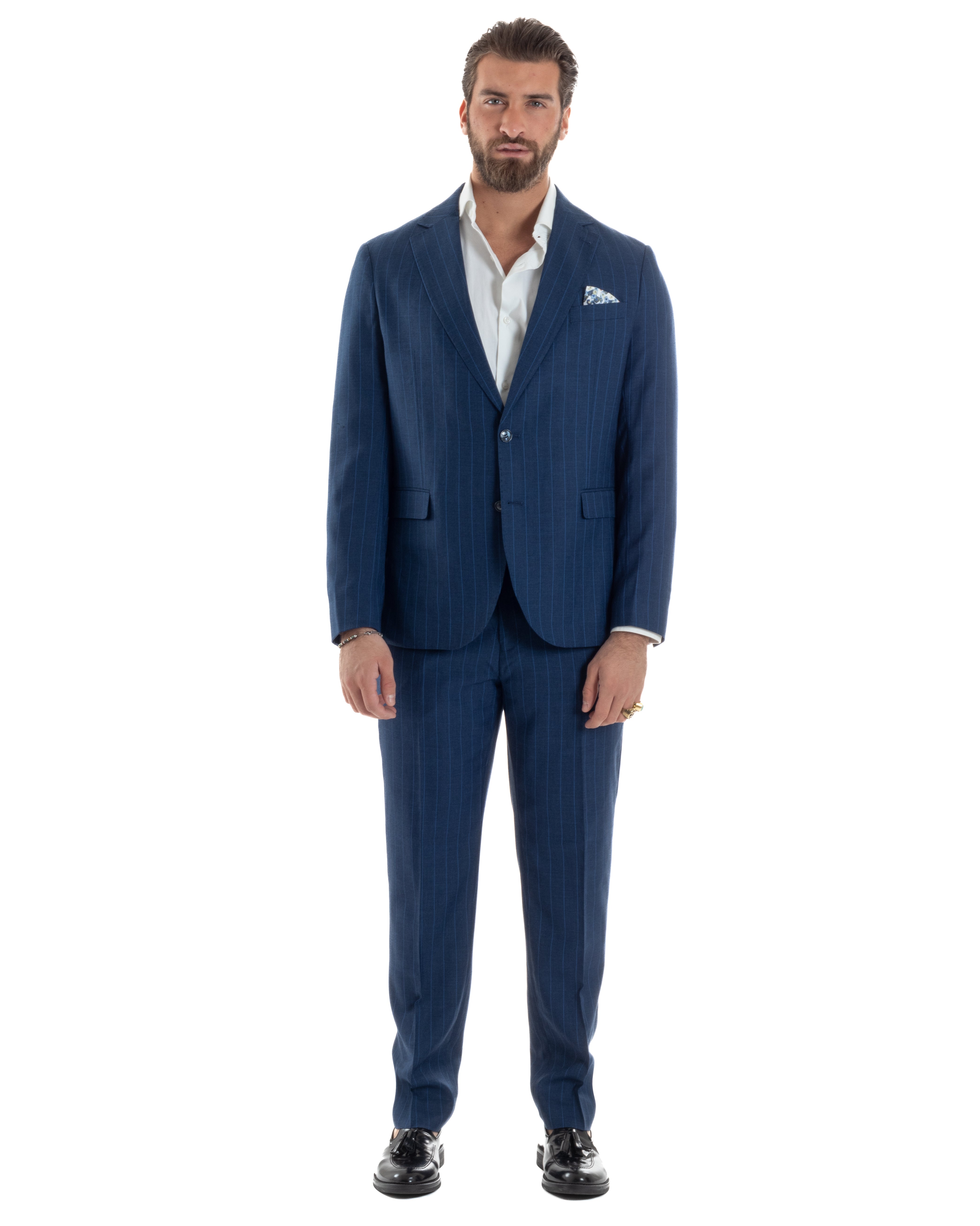 Abito Uomo Monopetto Vestito Gessato Giacca Con Pochette Pantaloni Completo Elegante Blu GIOSAL-AE1108A